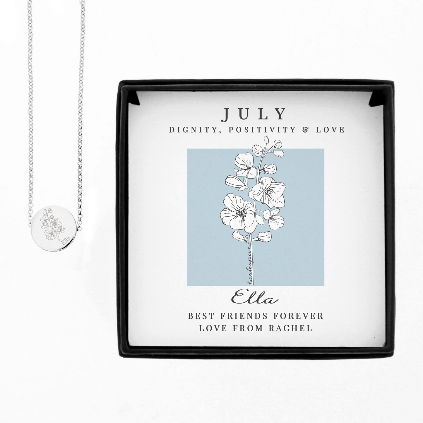 Personalised July Birth Flower Necklace and Box