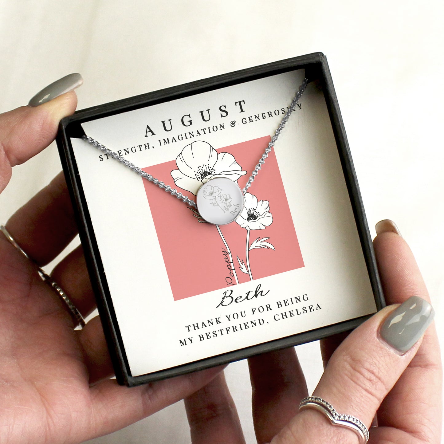 Personalised August Birth Flower Necklace and Box