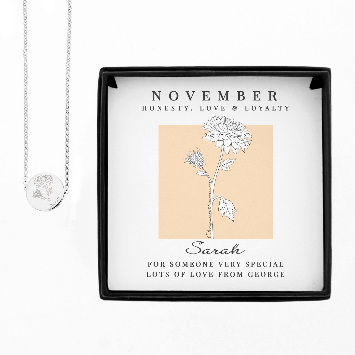 Personalised November Birth Flower Necklace and Box