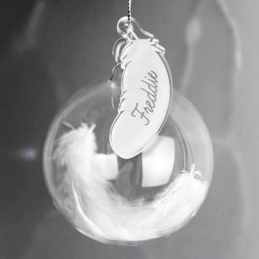 Personalised White Feather Glass Bauble