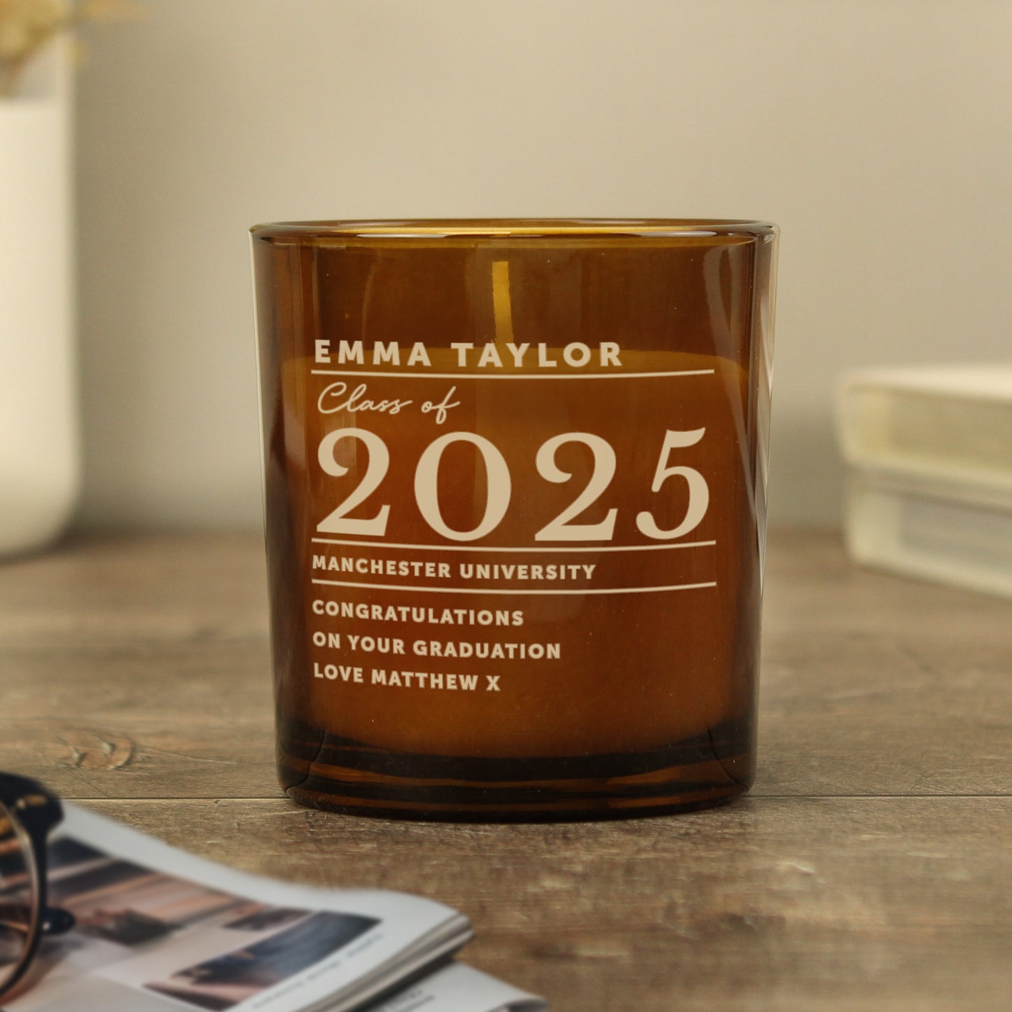 Personalised Graduation Amber Glass Candle