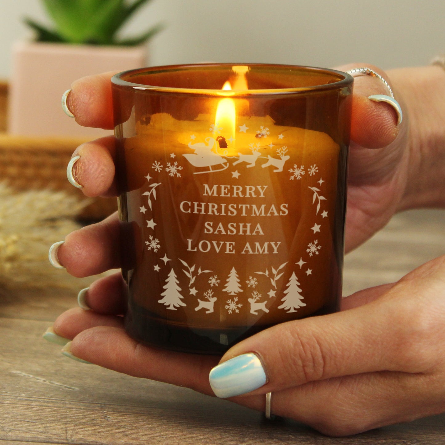 Personalised Engraved Christmas Amber Glass Candle