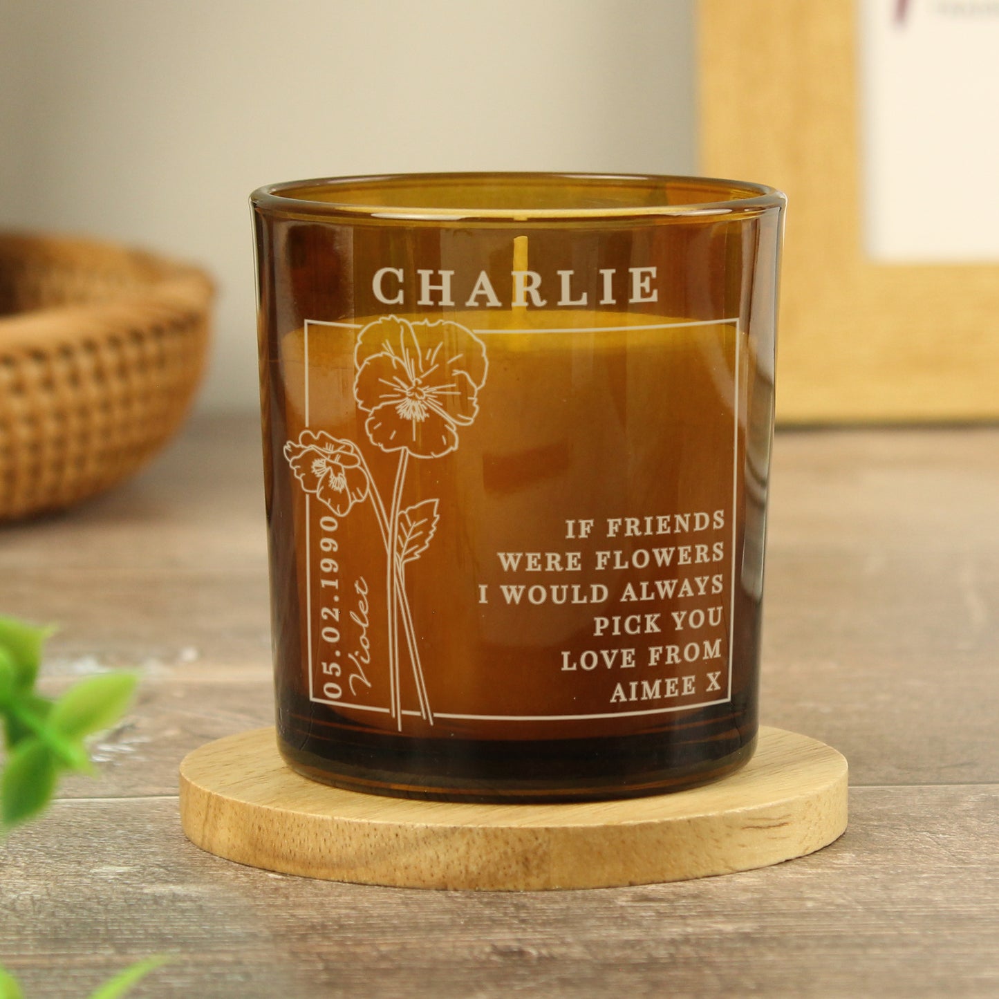 Personalised February Birth Flower Amber Glass Candle