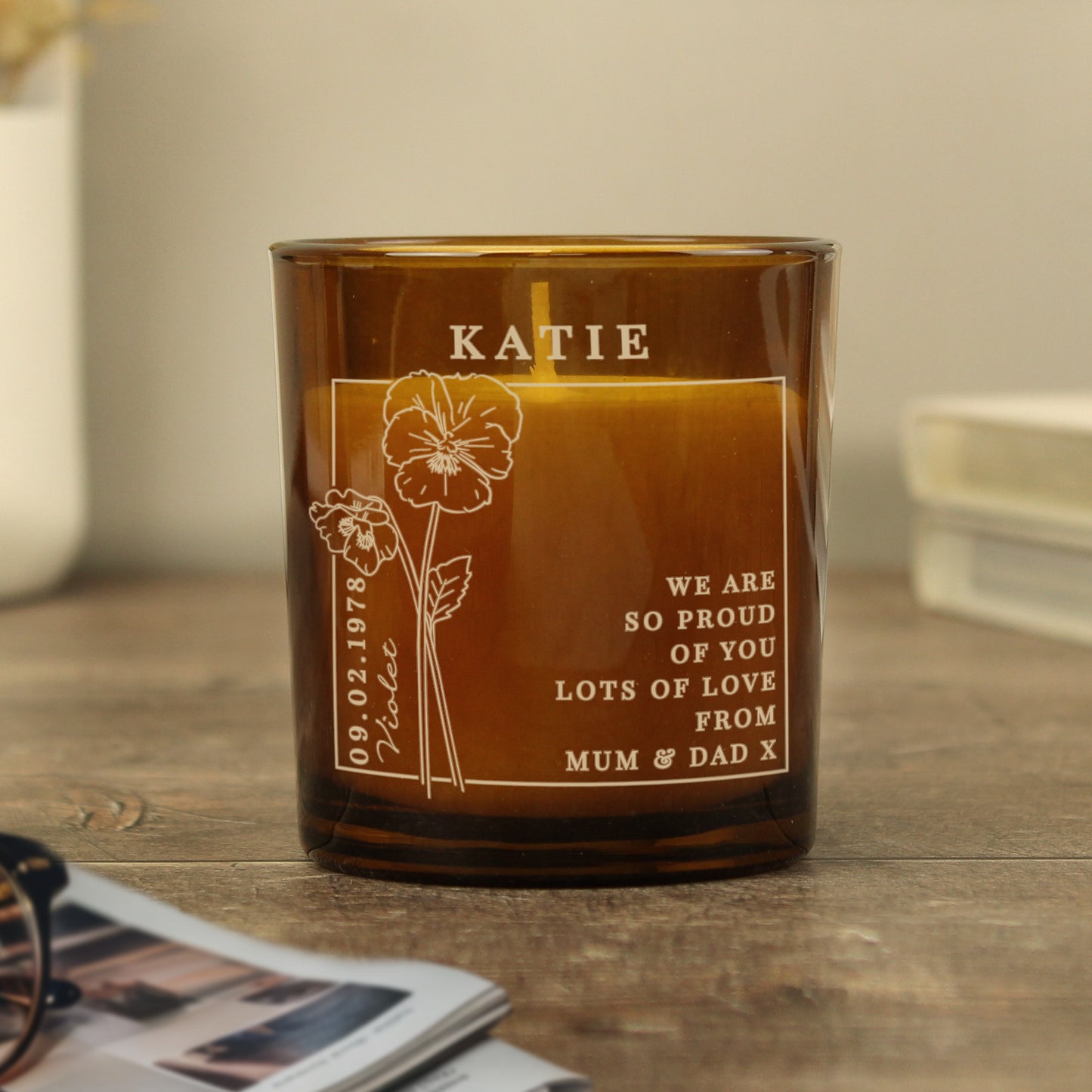 Personalised February Birth Flower Amber Glass Candle