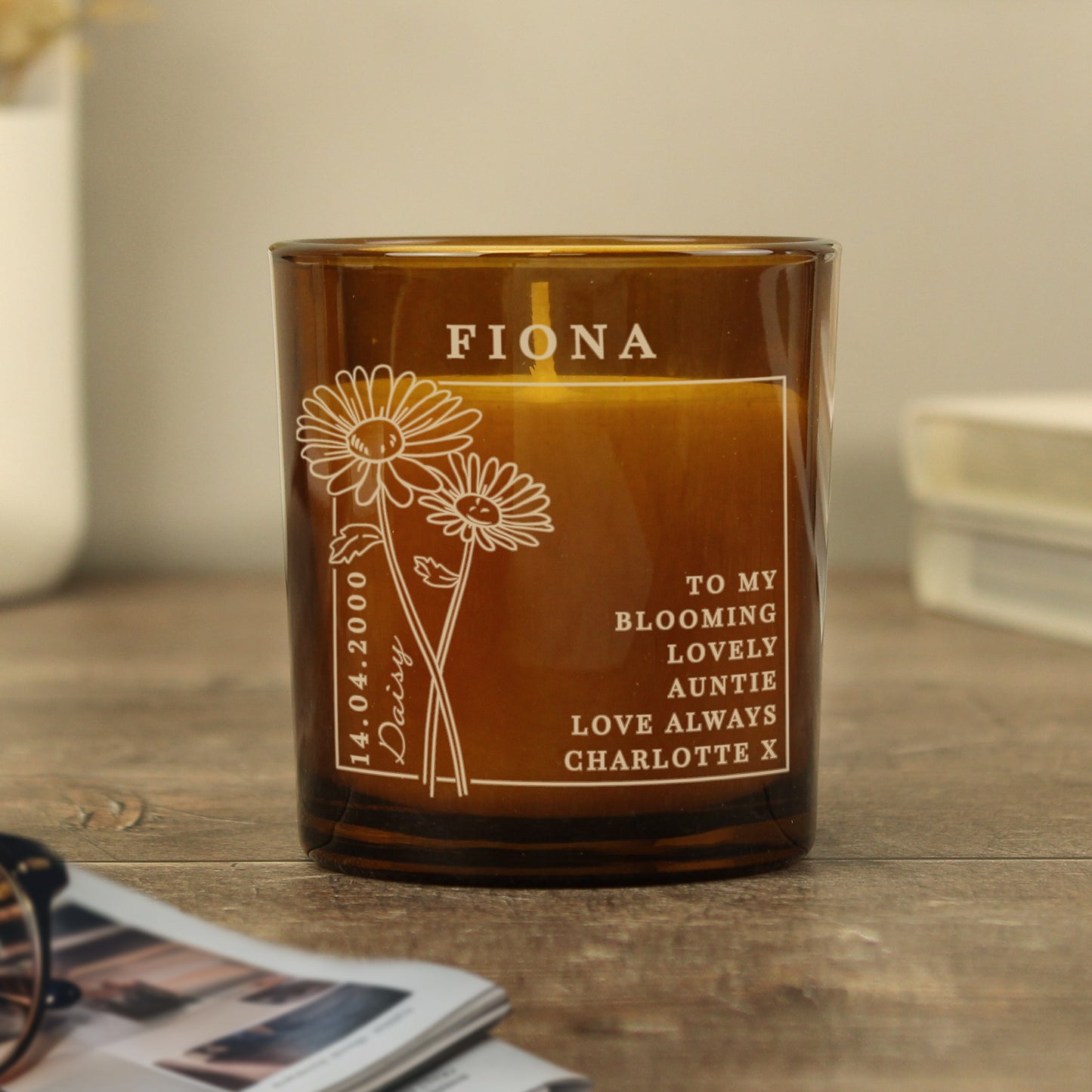 Personalised April Birth Flower Amber Glass Candle