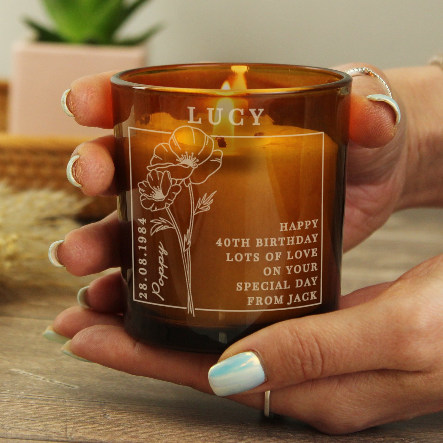 Personalised August Birth Flower Amber Glass Candle