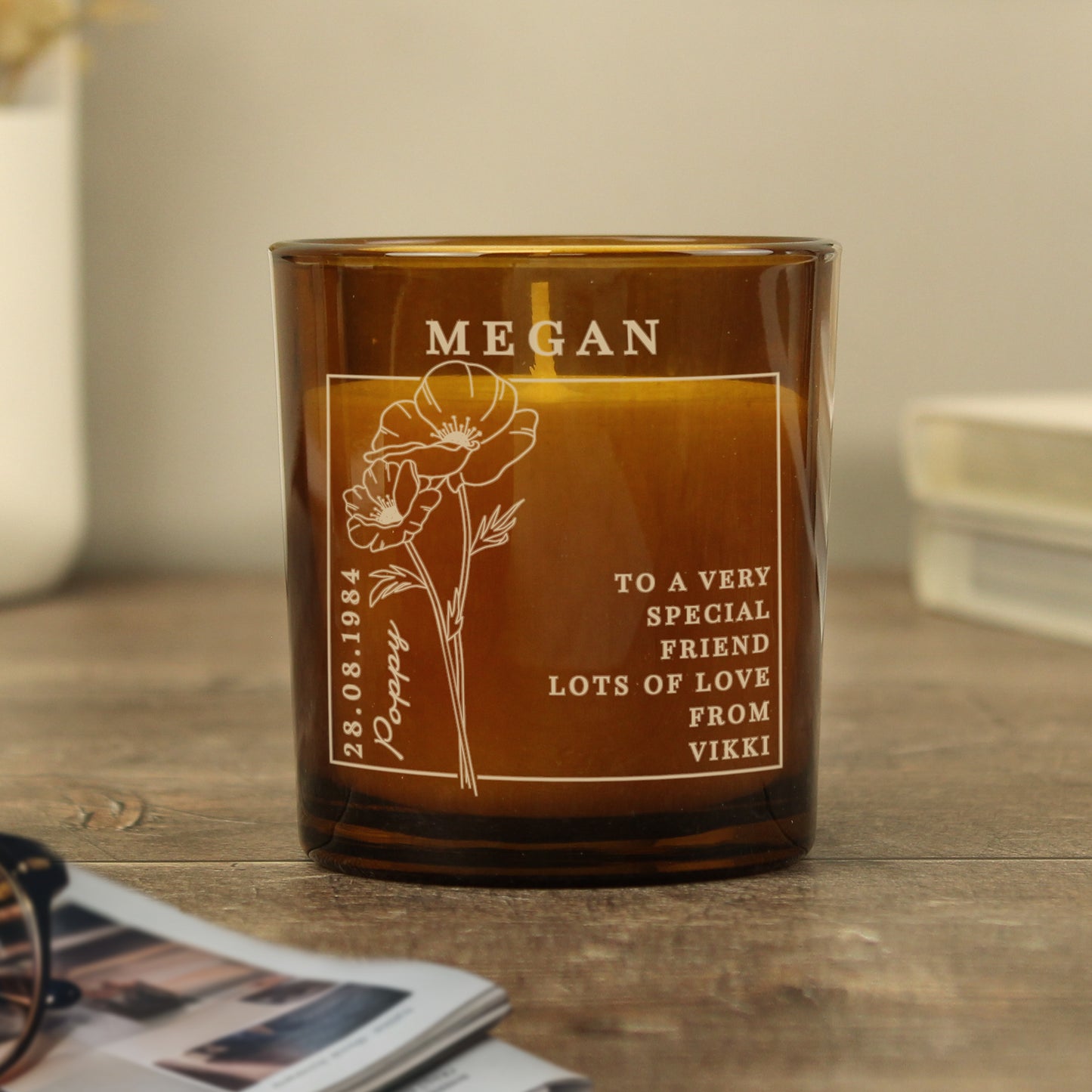 Personalised August Birth Flower Amber Glass Candle