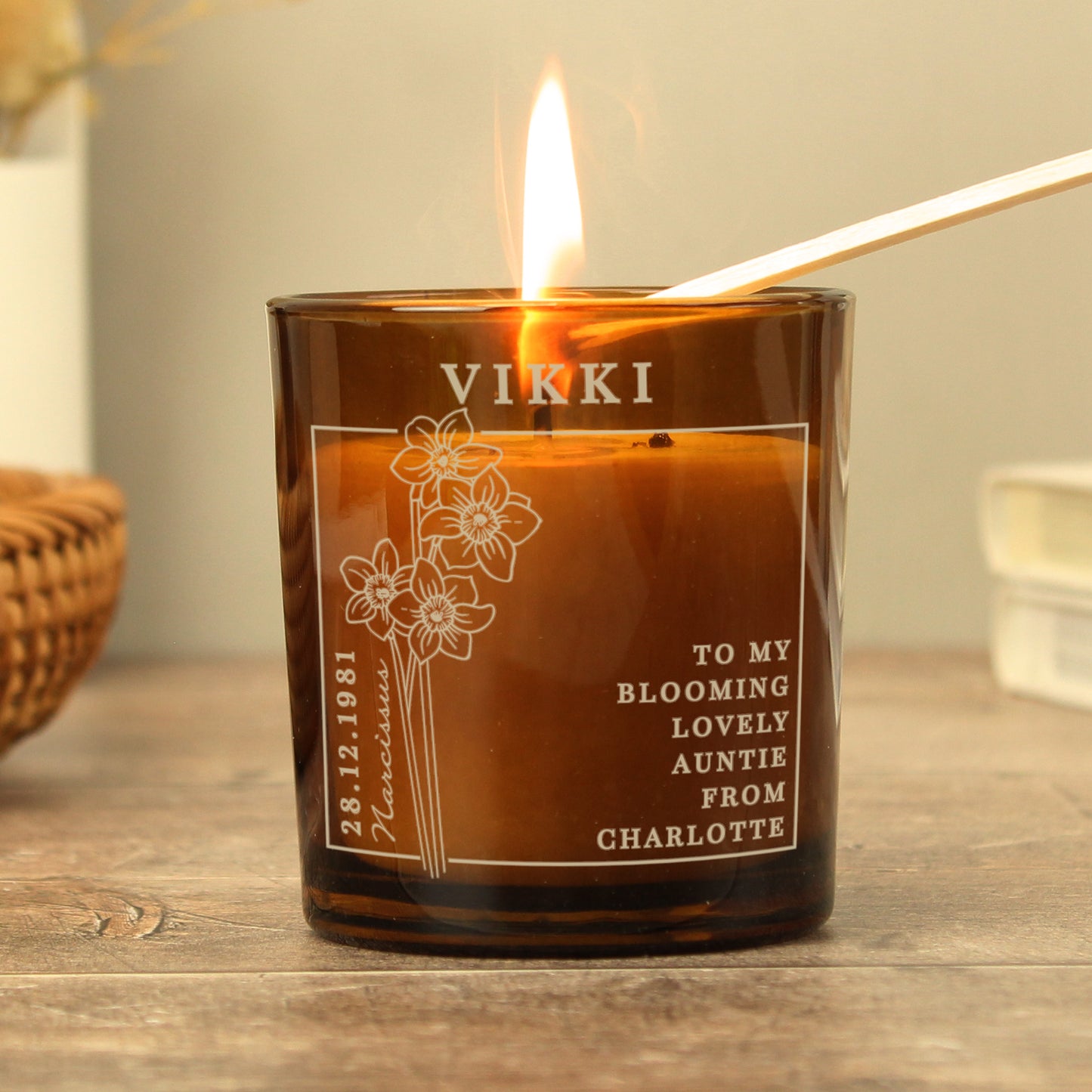 Personalised December Birth Flower Amber Glass Candle