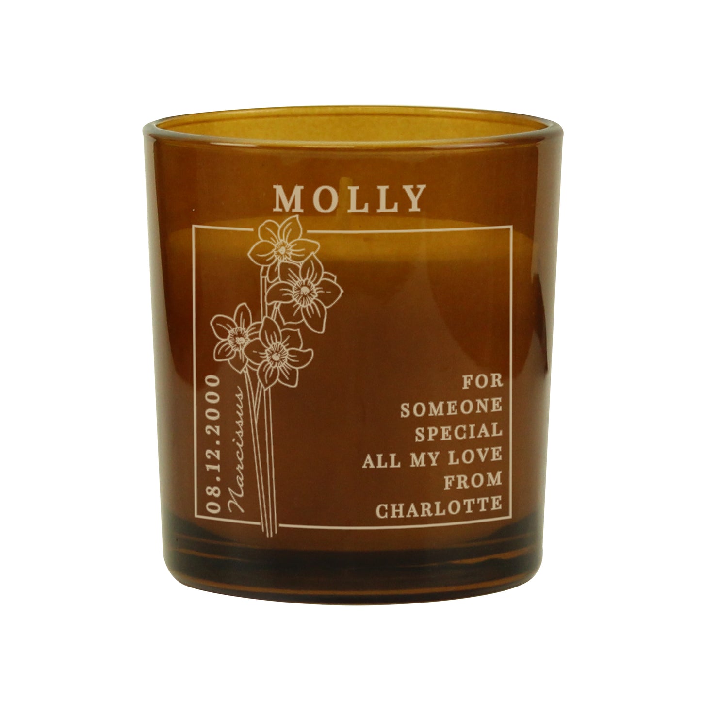 Personalised December Birth Flower Amber Glass Candle