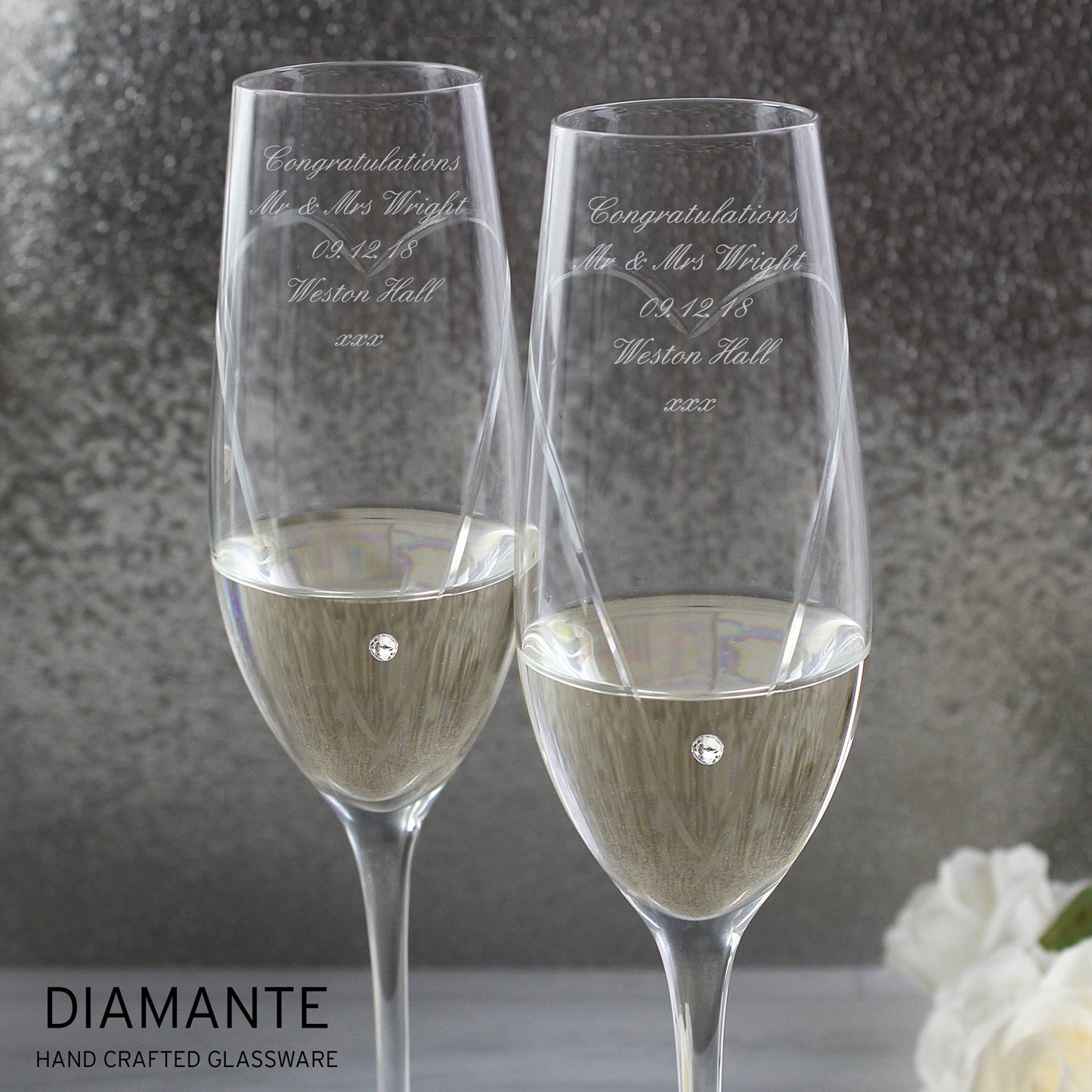 Personalised Hand Cut Heart Pair of Flutes with Gift Box