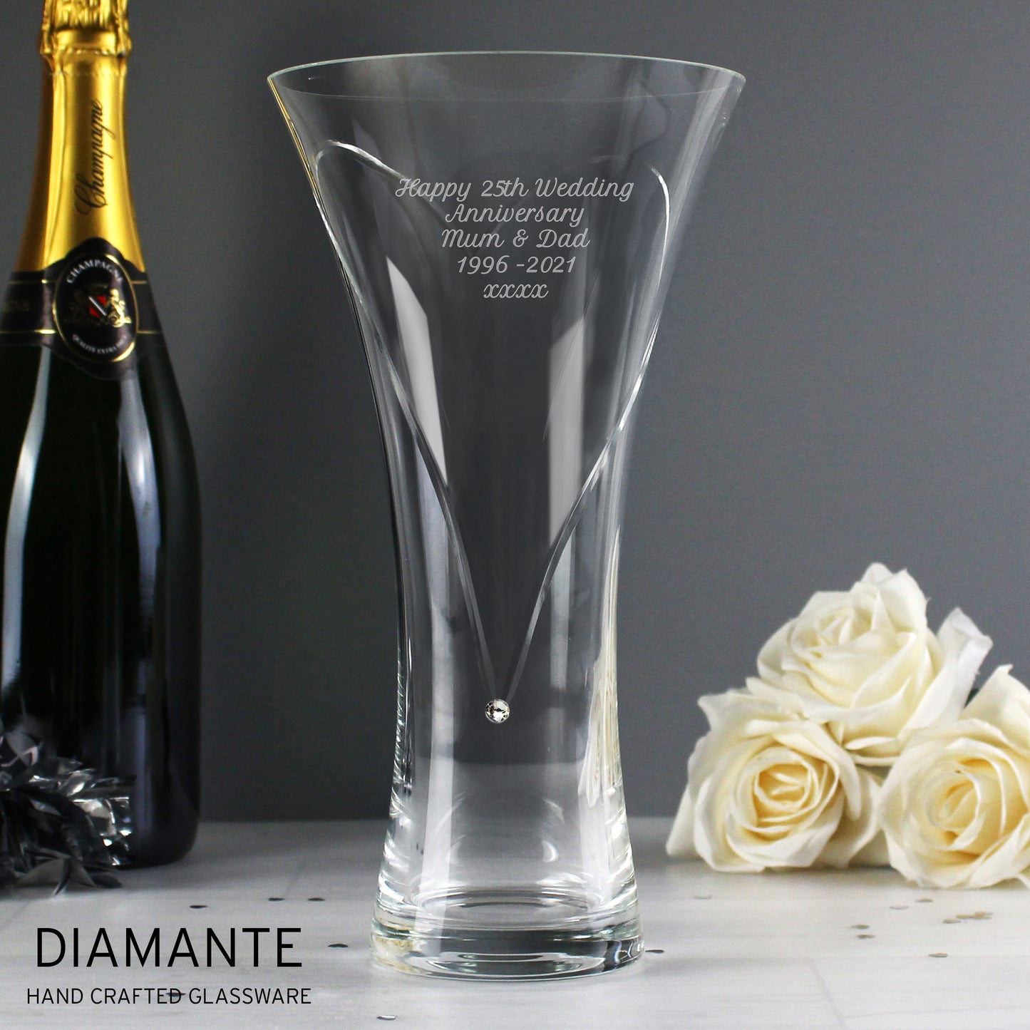 Personalised Large Hand Cut Diamante Heart Vase