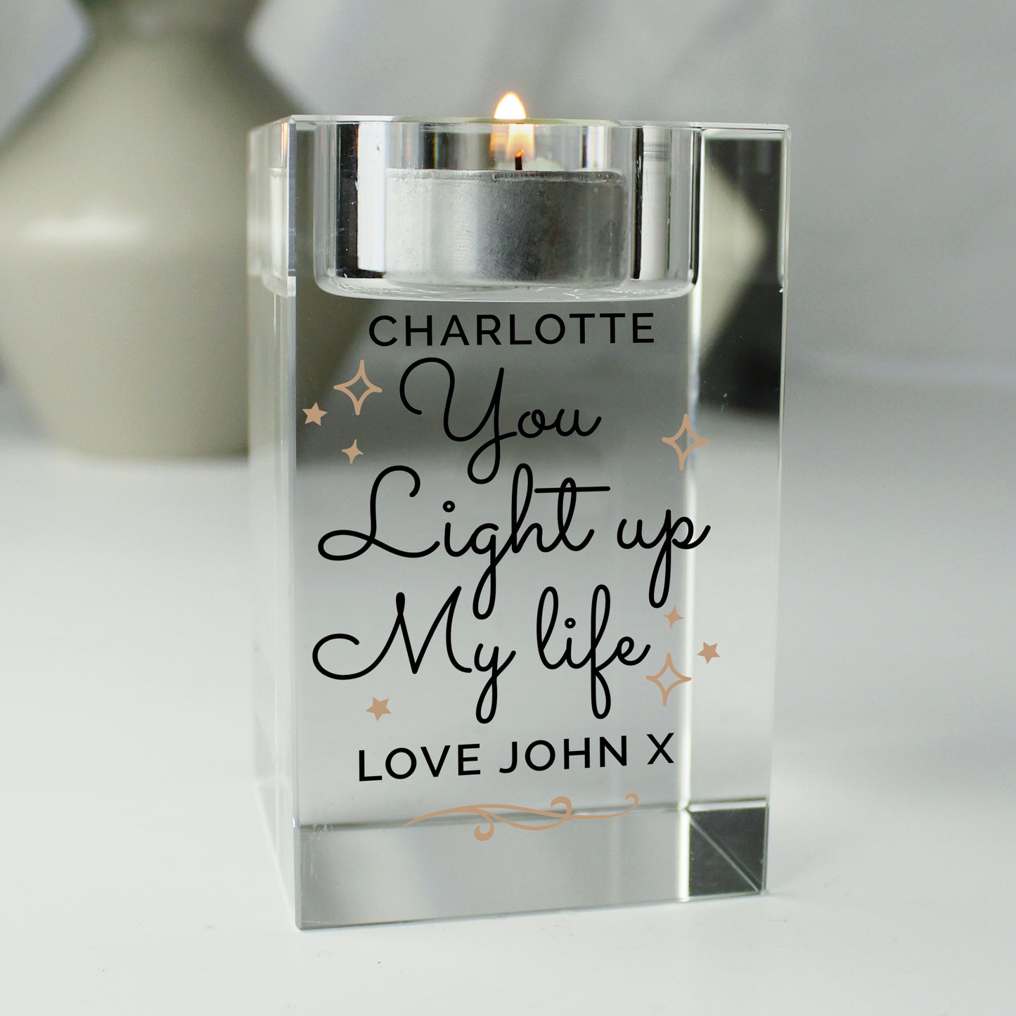 Personalised You Light Up My Life Glass Tea Light Holder