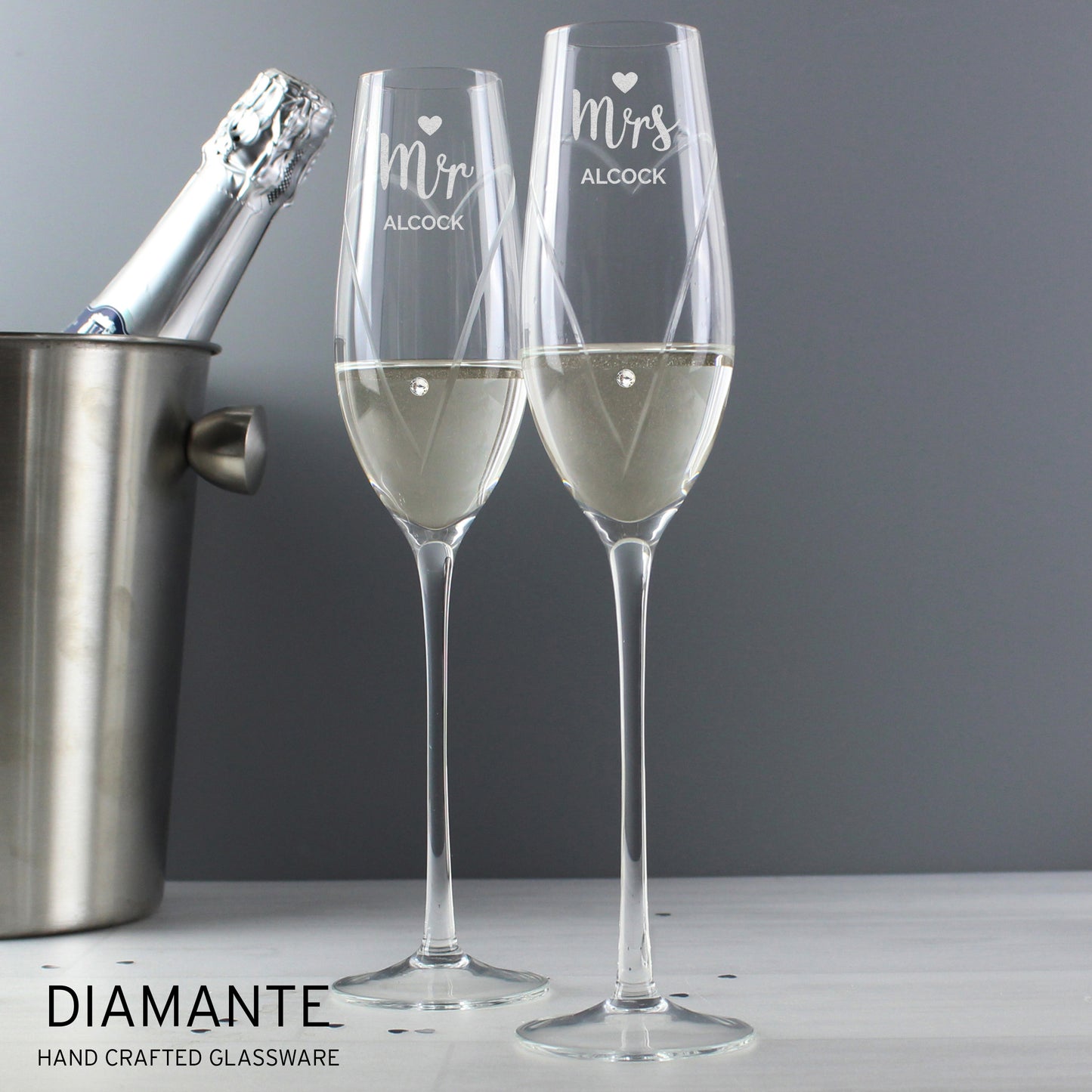 Personalised Hand Cut Mr & Mrs Pair of Flutes in Gift Box