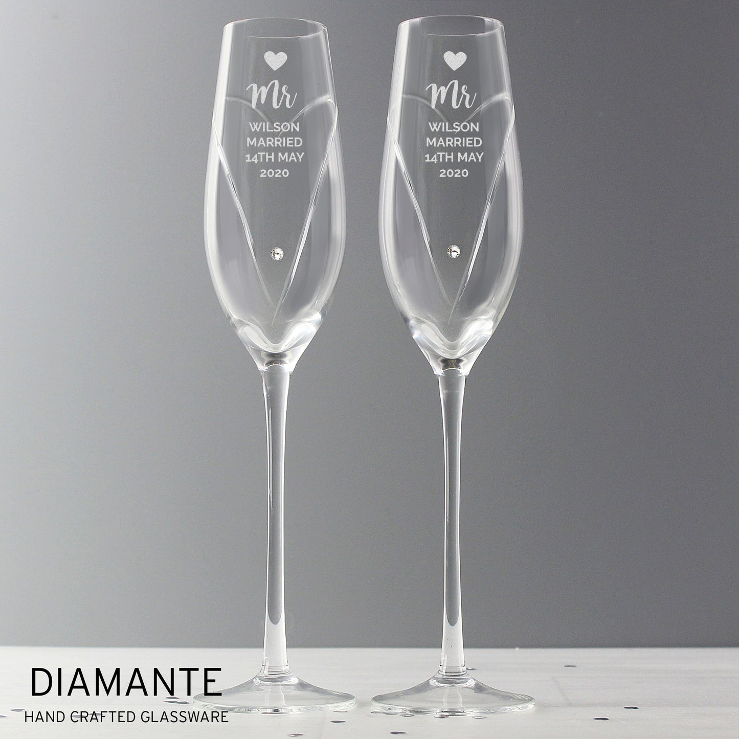 Personalised Hand Cut Heart Celebration Pair of Flutes with Gift Box