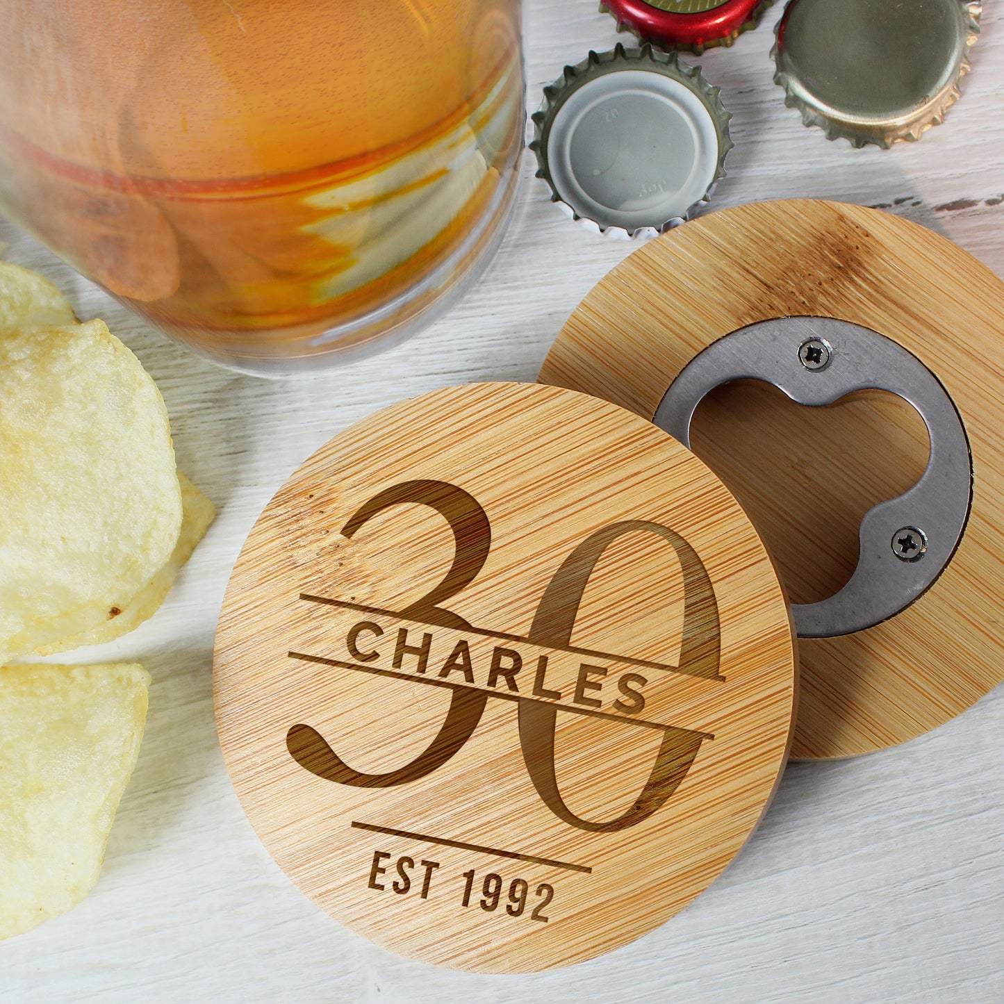 Personalised Big Age Bamboo Bottle Opener Coaster