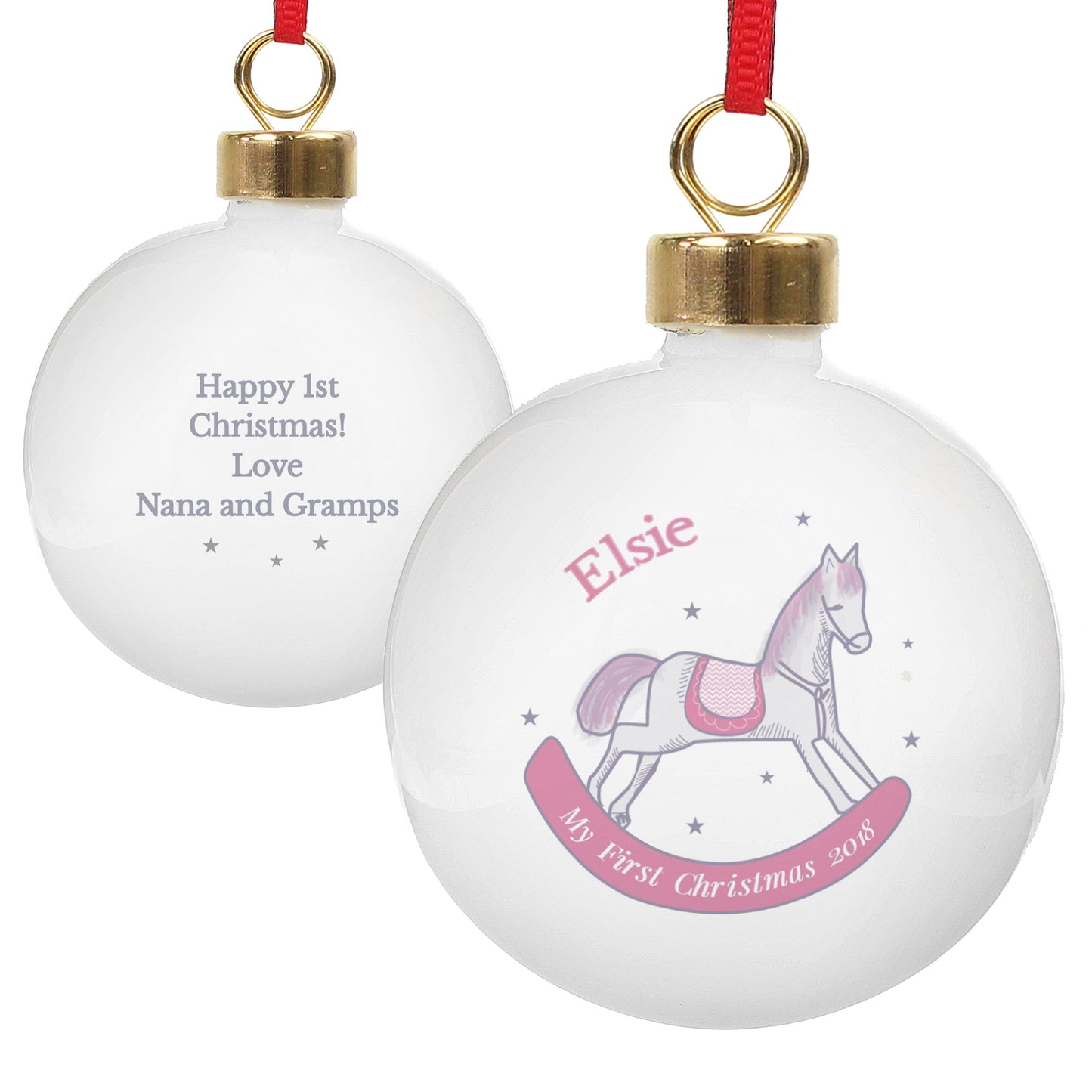 Personalised 1st Christmas Pink Rocking Horse Bauble