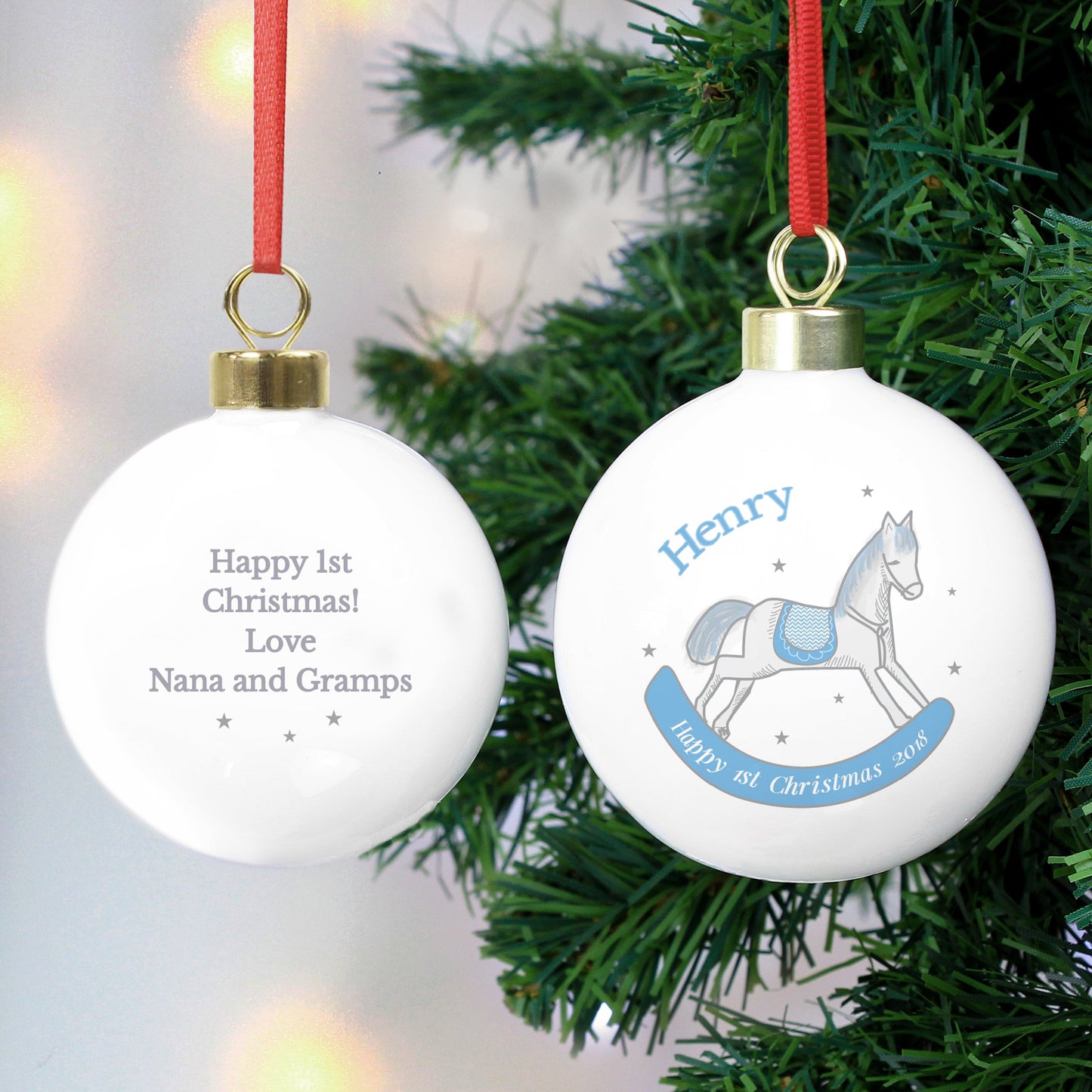 Personalised 1st Christmas Blue Rocking Horse Bauble