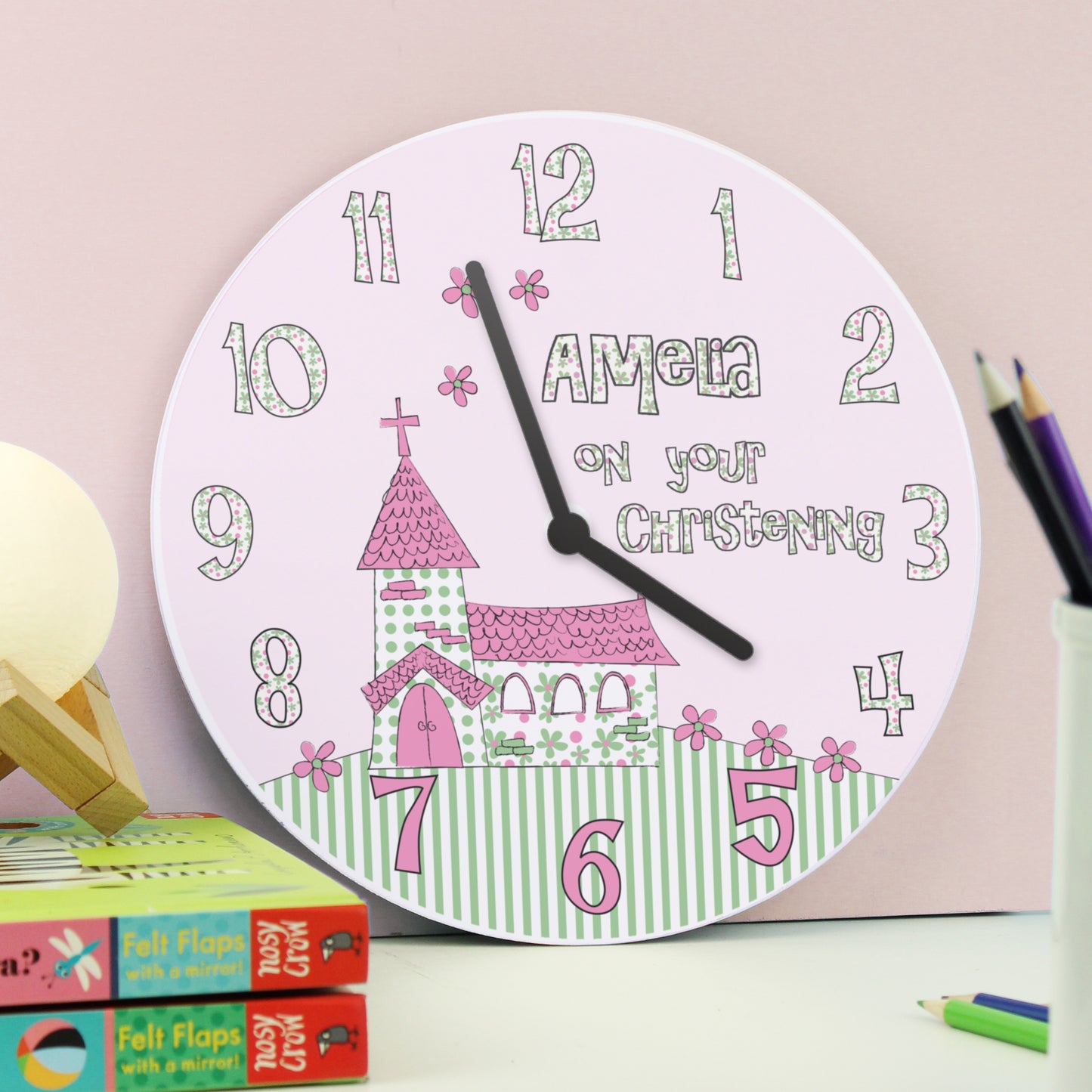 Personalised Whimsical Church Christening Clock