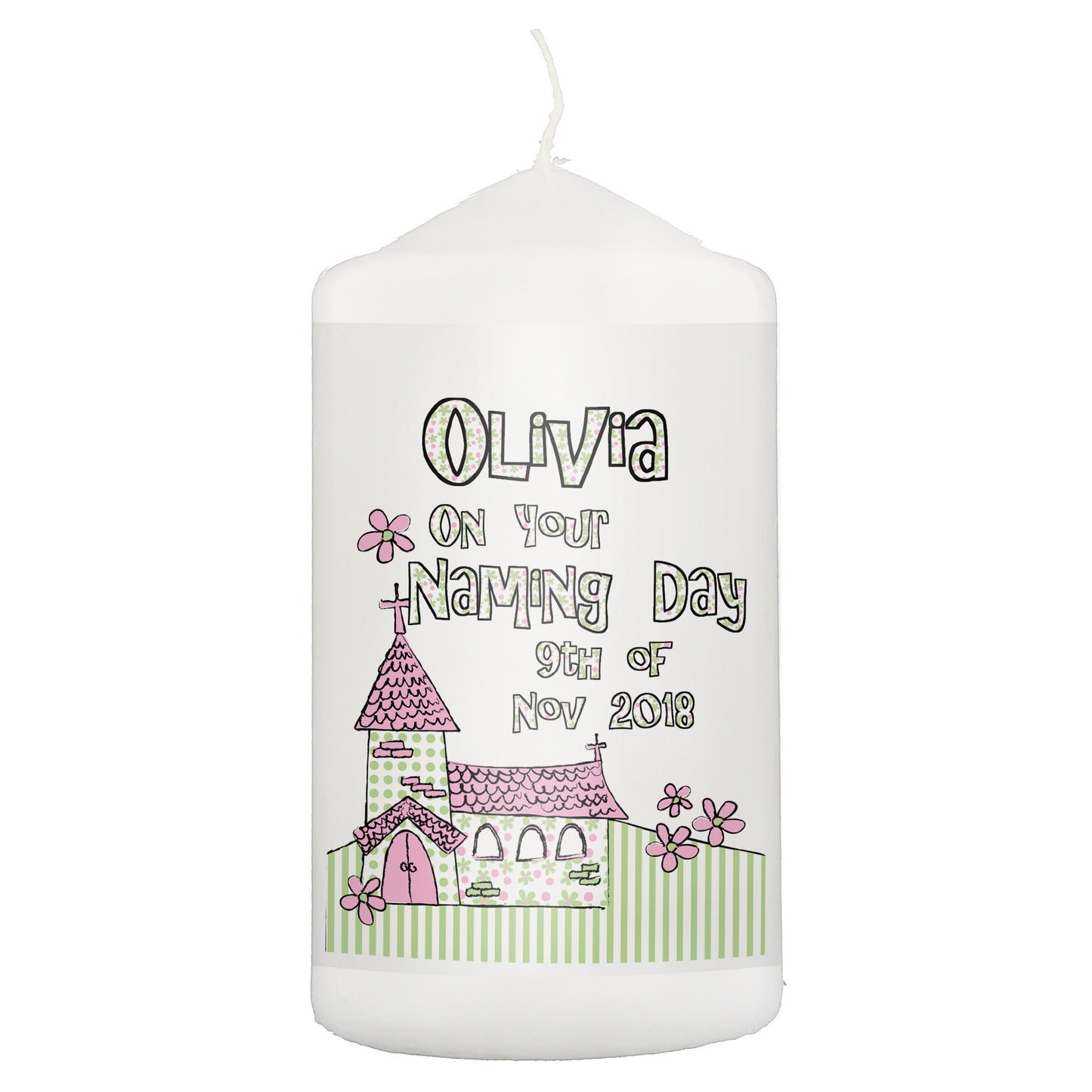 Personalised Pink Church Pillar Candle