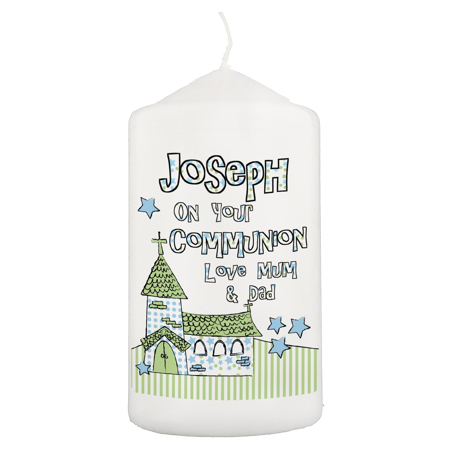 Personalised Blue Church Pillar Candle