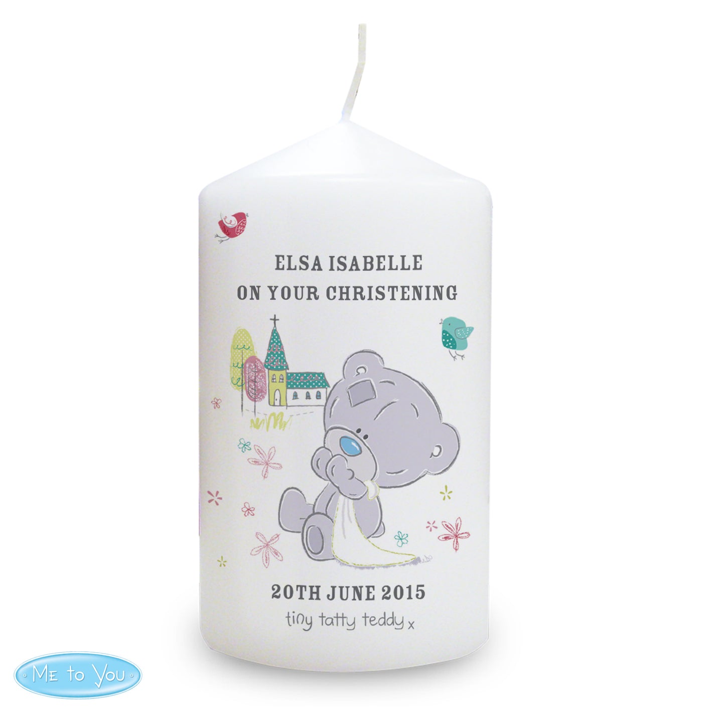 Personalised Tiny Tatty Teddy Christening Pillar Candle