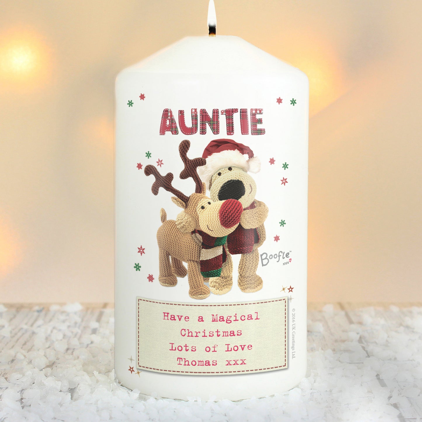 Personalised Boofle Christmas Reindeer Pillar Candle