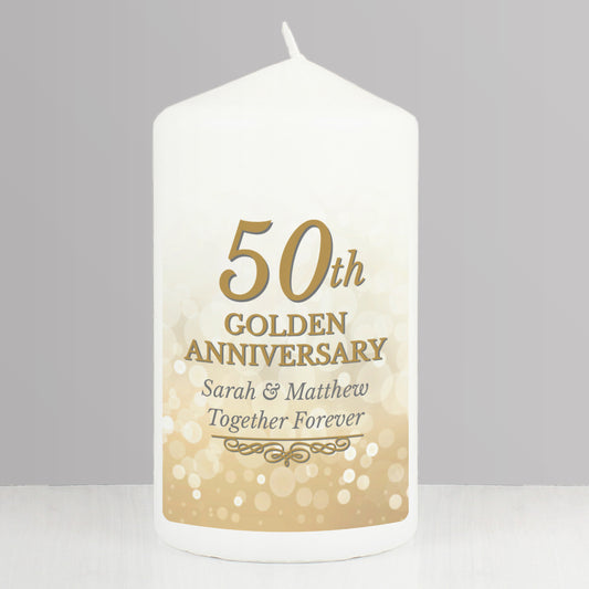 Personalised 50th Golden Anniversary Pillar Candle