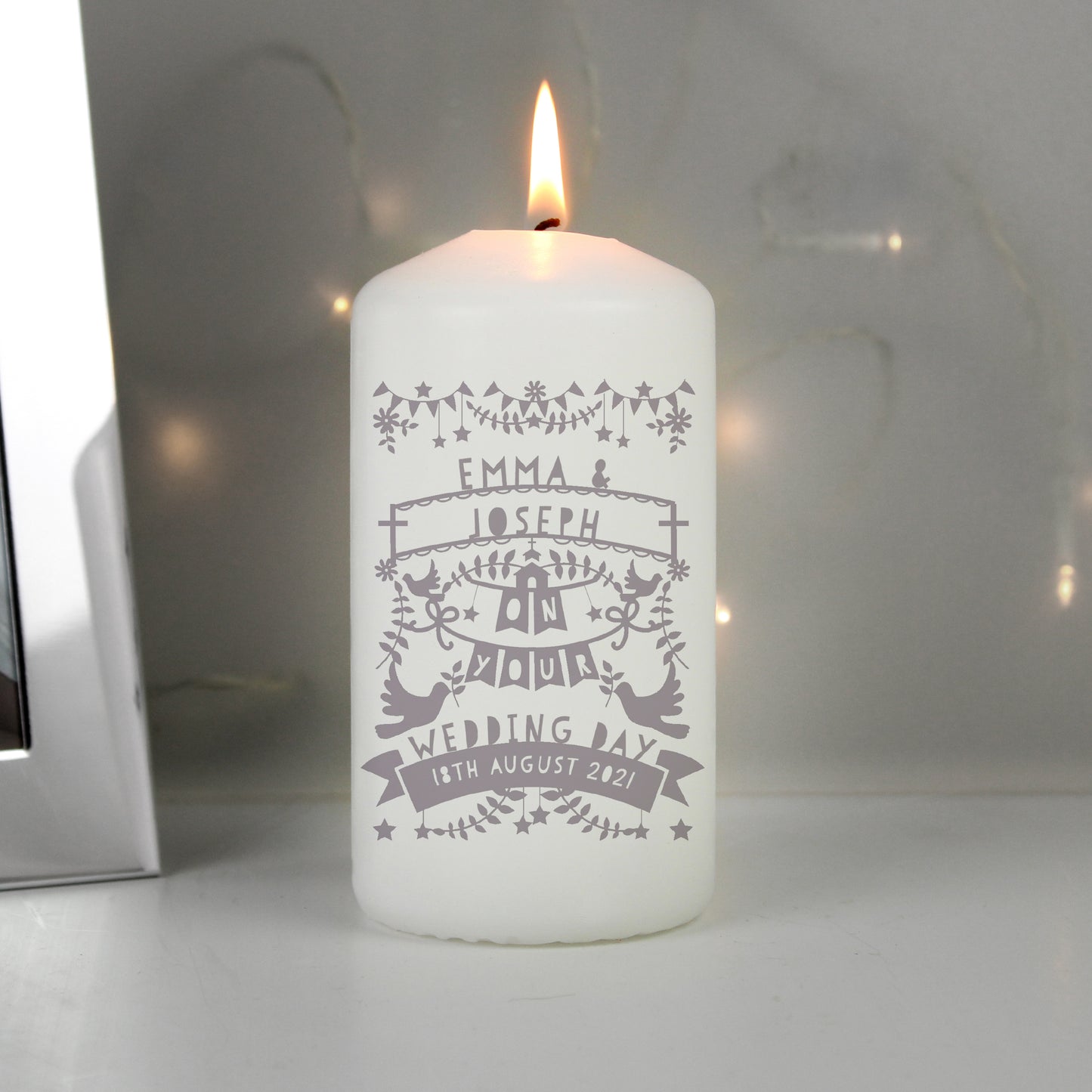 Personalised Grey Papercut Style Pillar Candle