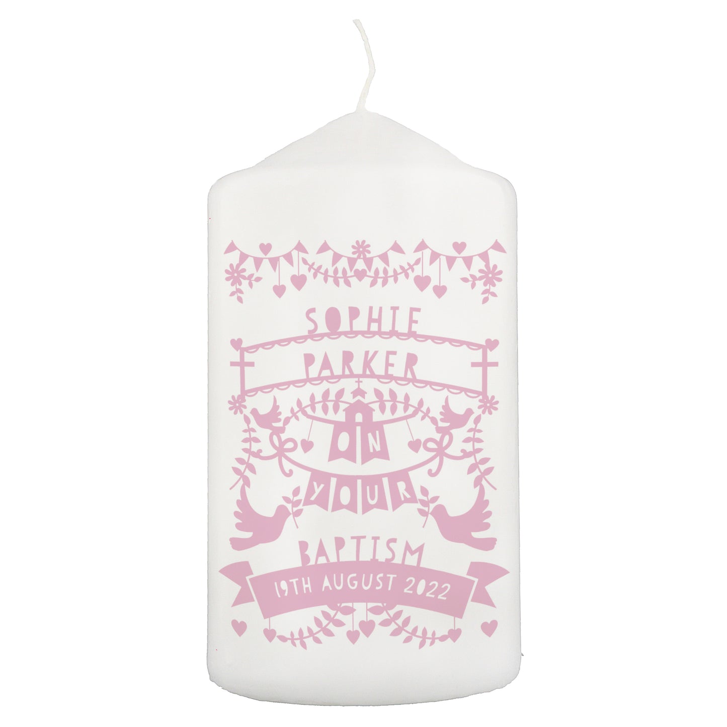 Personalised Pink Papercut Style Pillar Candle