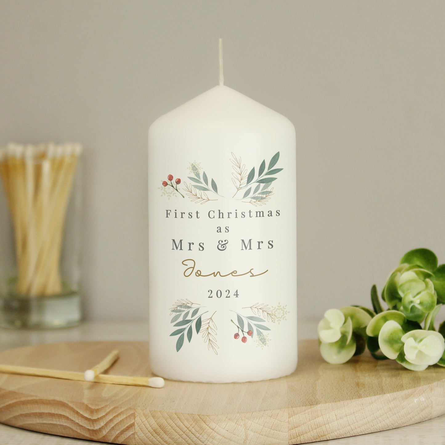 Personalised Christmas Foliage Pillar Candle