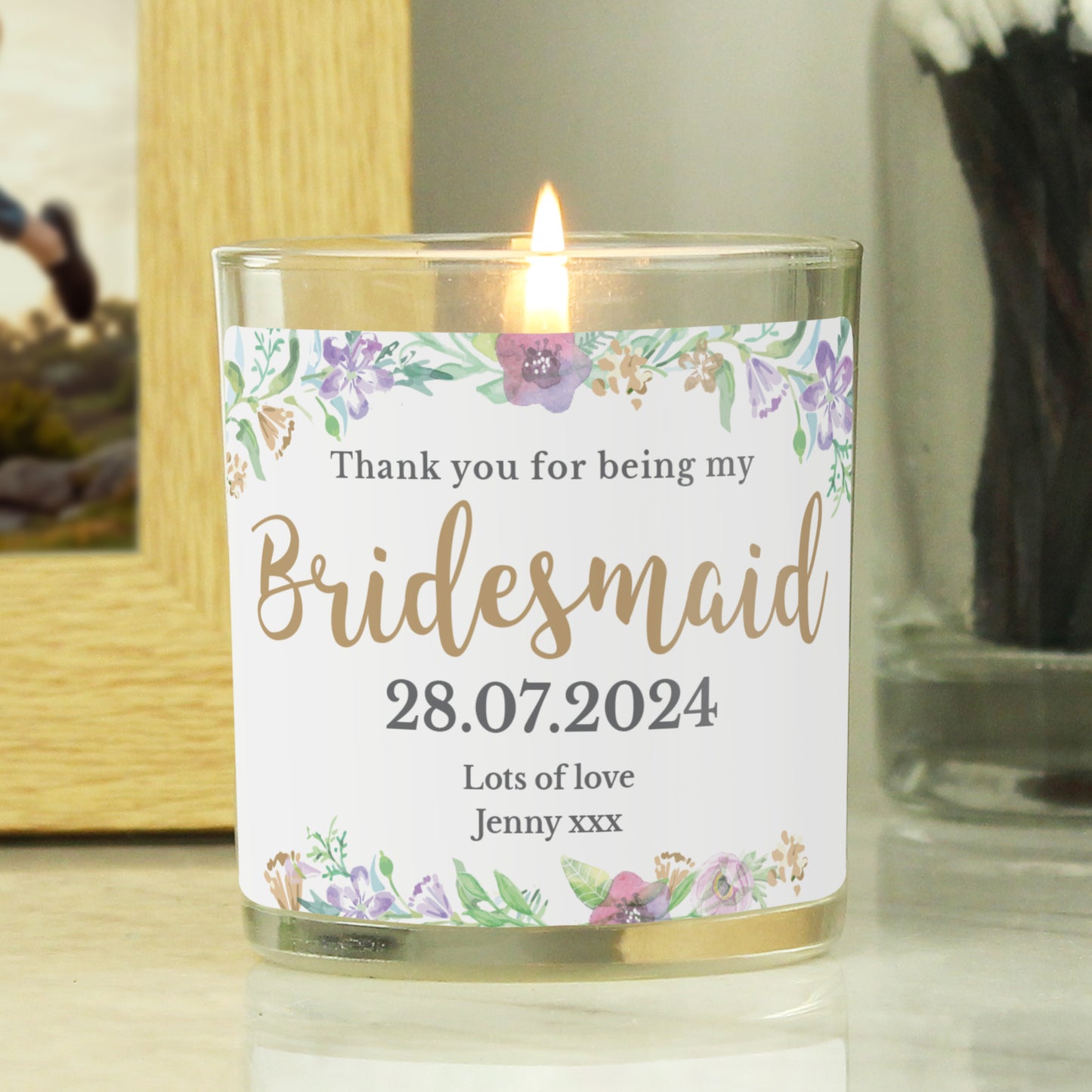 Personalised Bridesmaid 'Floral Watercolour Wedding' Scented Jar Candle