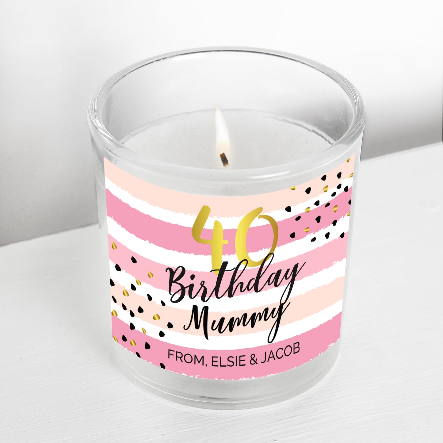 Personalised Birthday Gold and Pink Stripe Scented Jar Candle