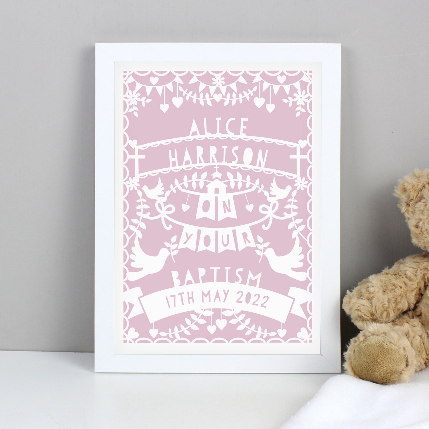 Personalised Pink Papercut Style A4 White Framed Print