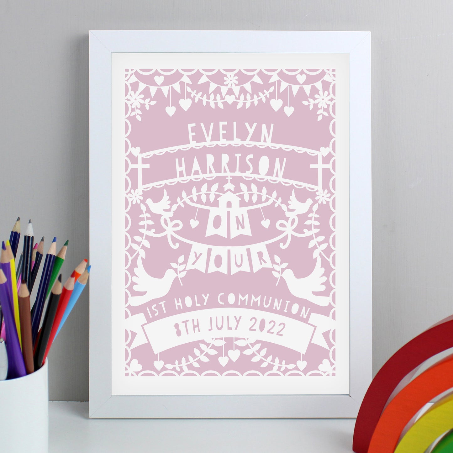 Personalised Pink Papercut Style A4 White Framed Print