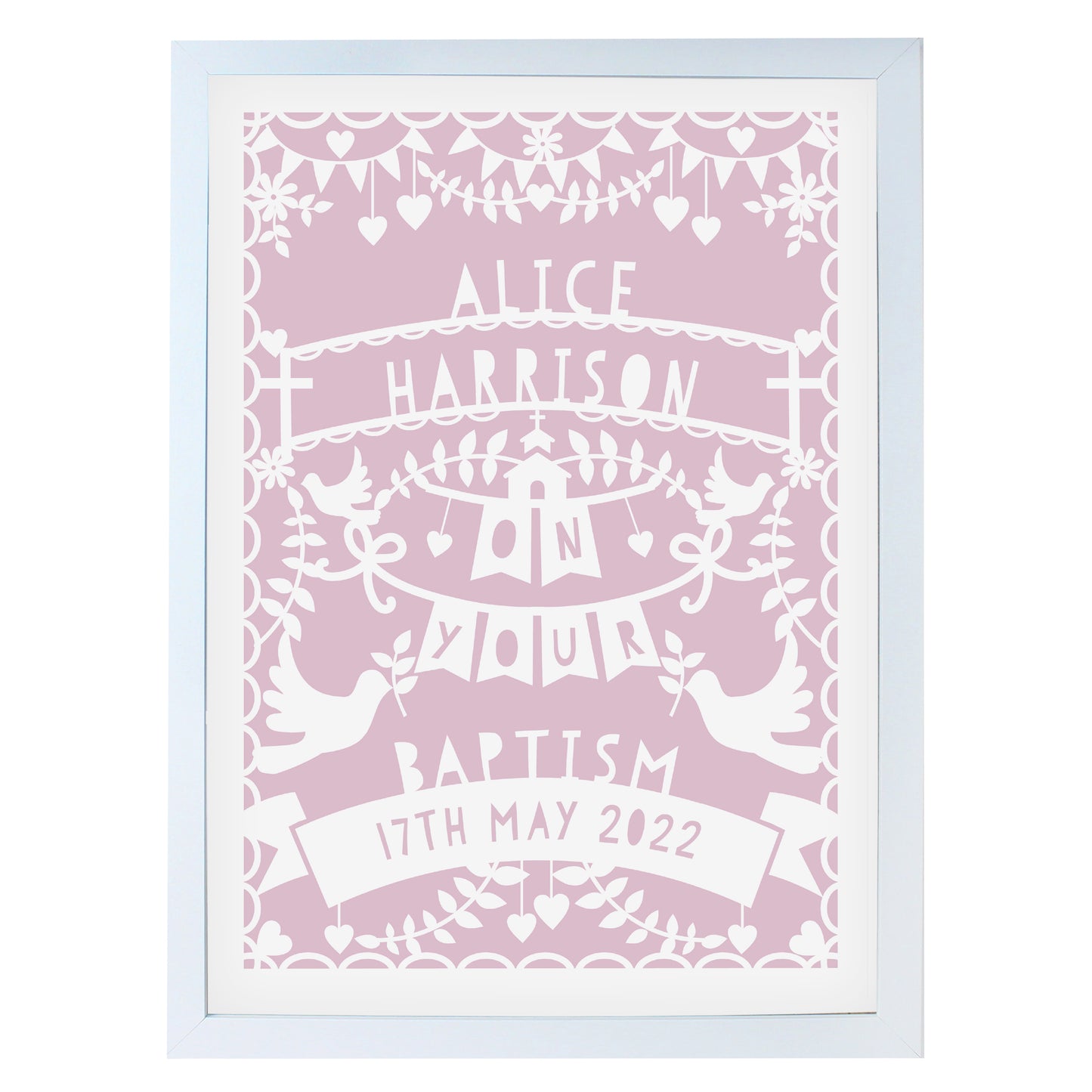 Personalised Pink Papercut Style A3 White Framed Print