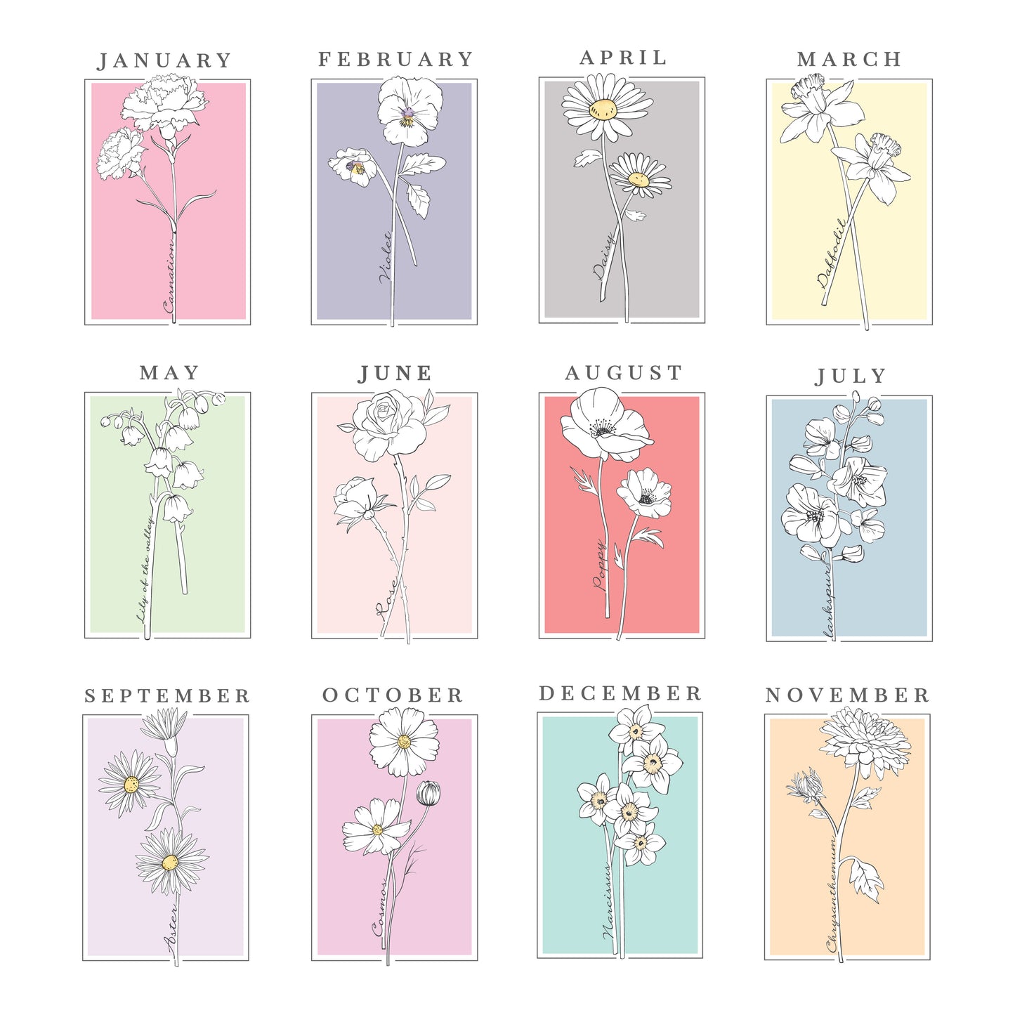 Personalised Birth Flower White A4 Framed Print