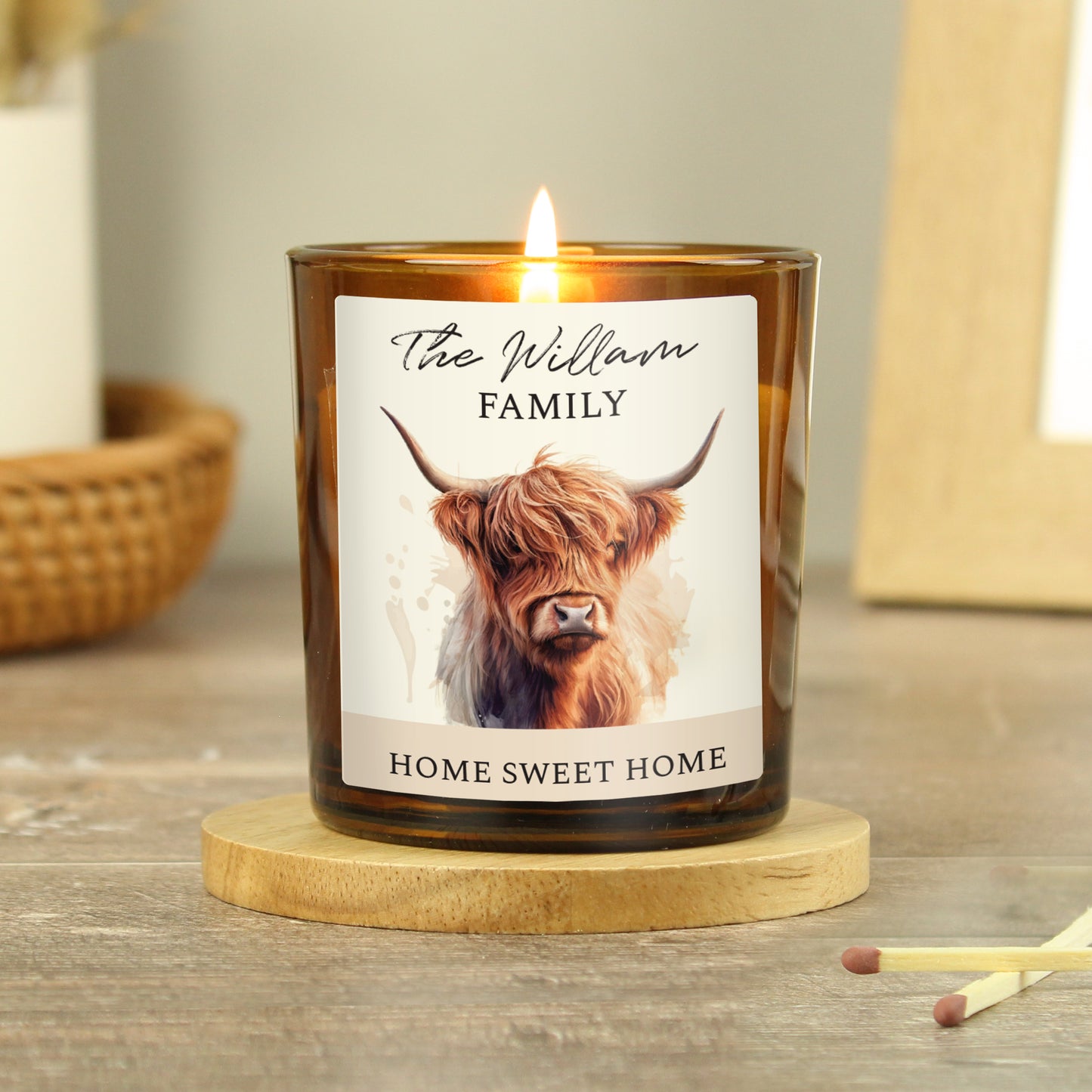 Personalised Highland Cow Amber Glass Candle