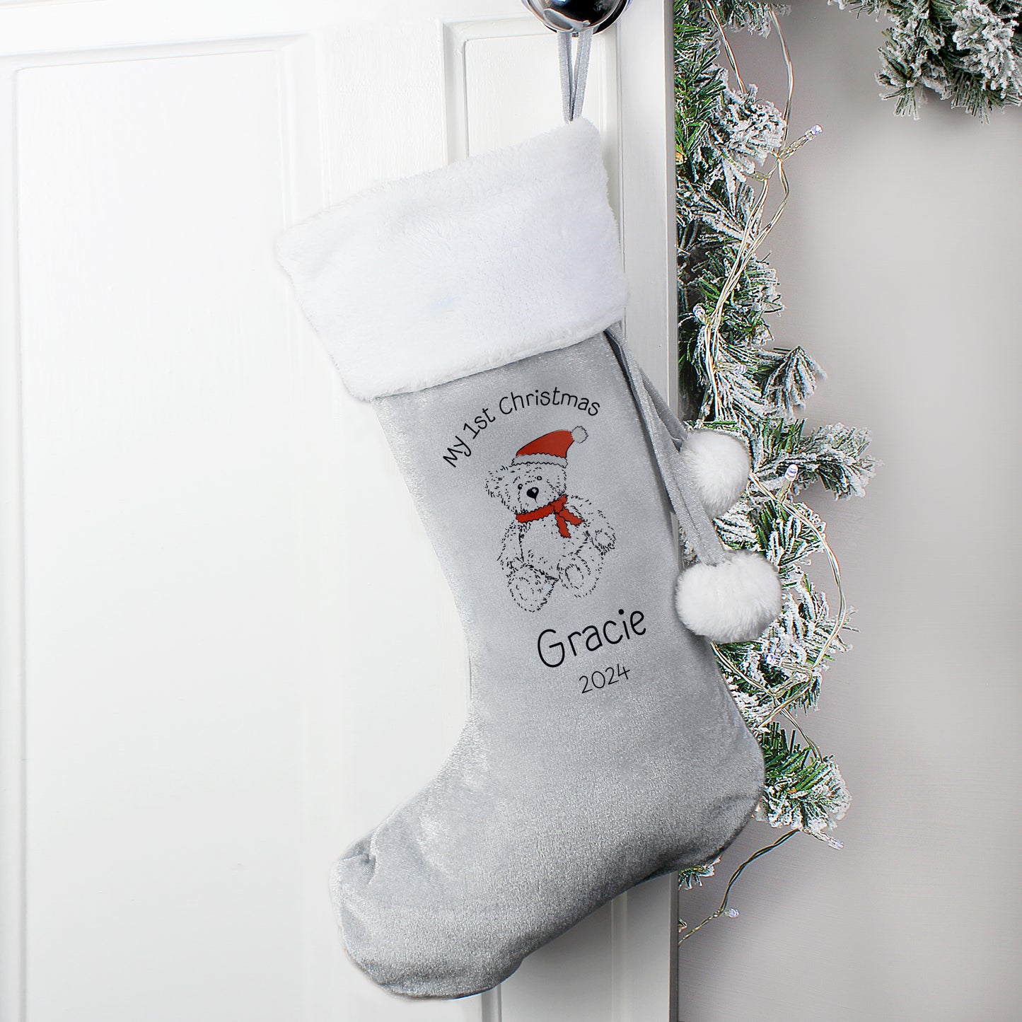 Personalised My 1st Christmas Teddy Silver Grey Stocking