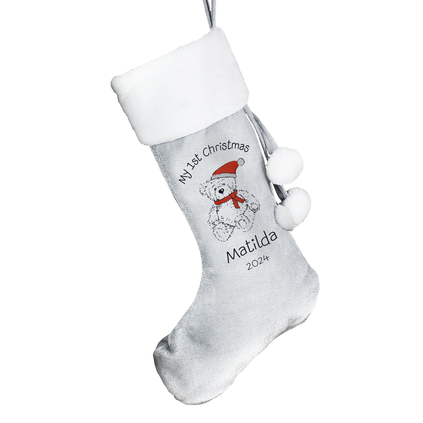 Personalised My 1st Christmas Teddy Silver Grey Stocking