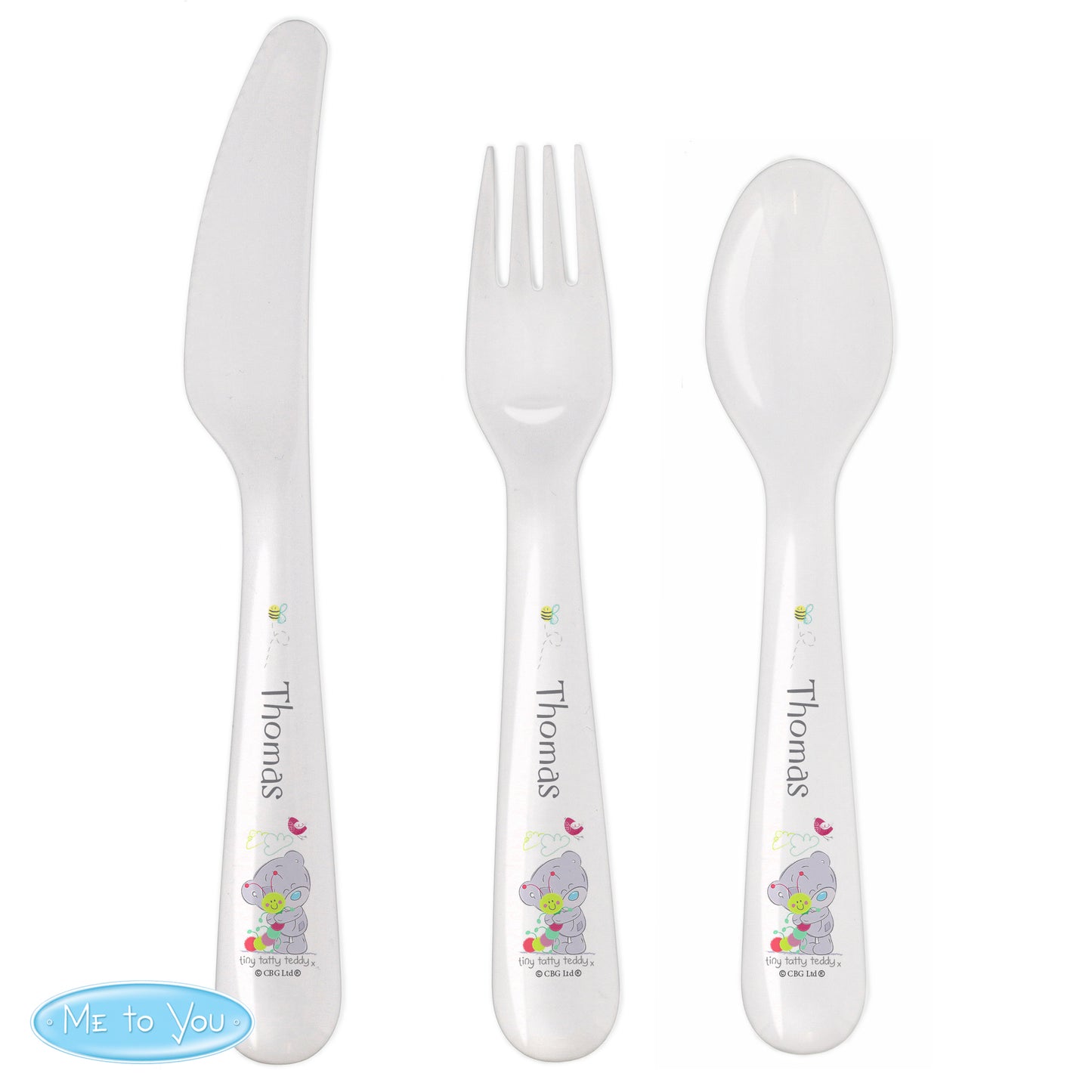 Personalised Tiny Tatty Teddy Cuddle Bug 3 Piece Plastic Cutlery Set