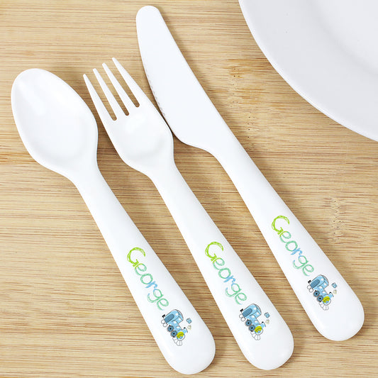 Personalised Patchwork Train 3 Piece Plastic Cutlery Set