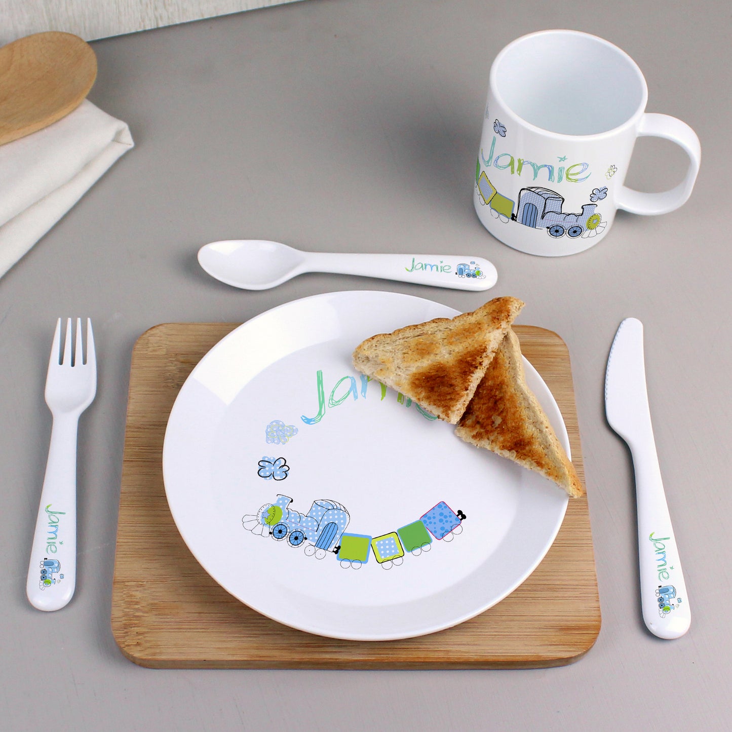 Personalised Patchwork Train 3 Piece Plastic Cutlery Set