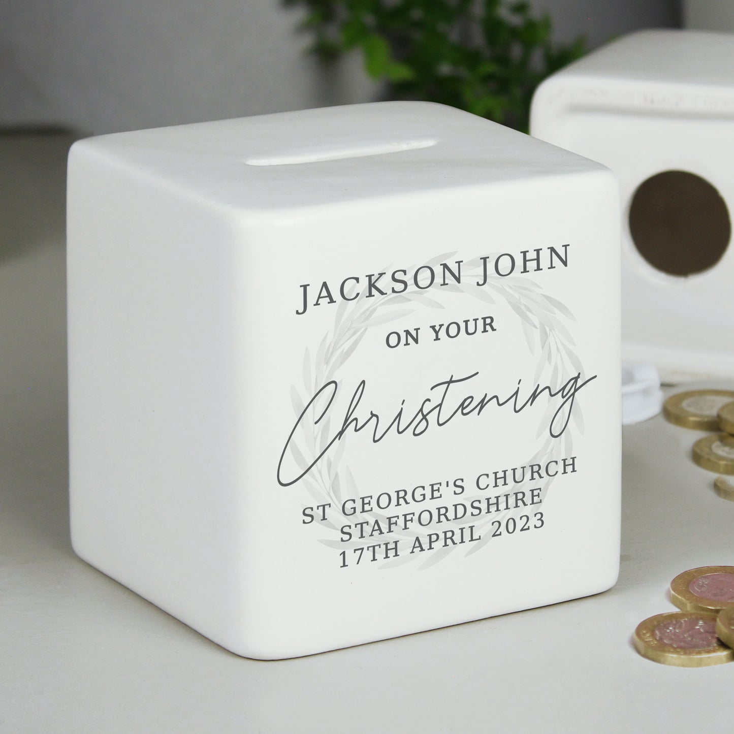 Personalised Christening Ceramic Square Money Box