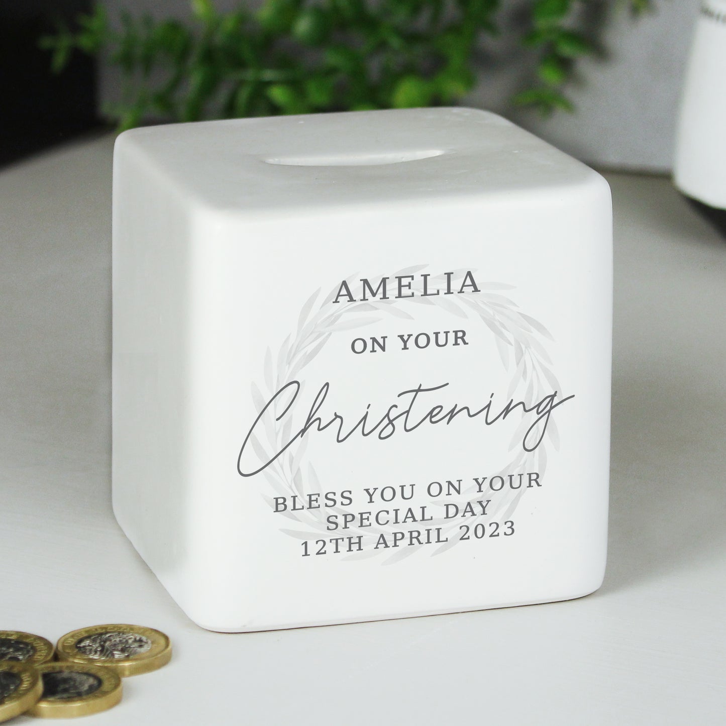 Personalised Christening Ceramic Square Money Box