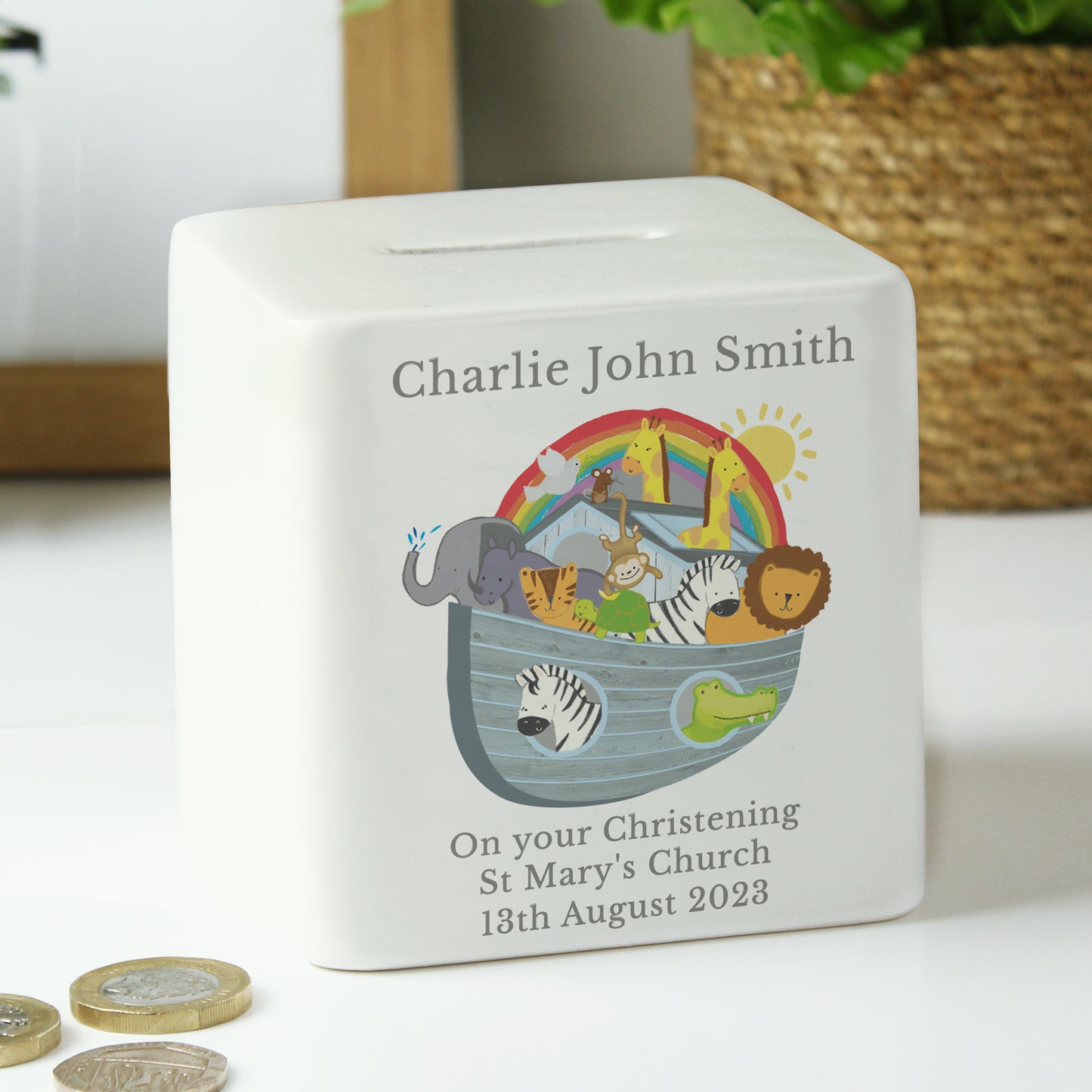 Personalised Noahs Ark Ceramic Square Money Box