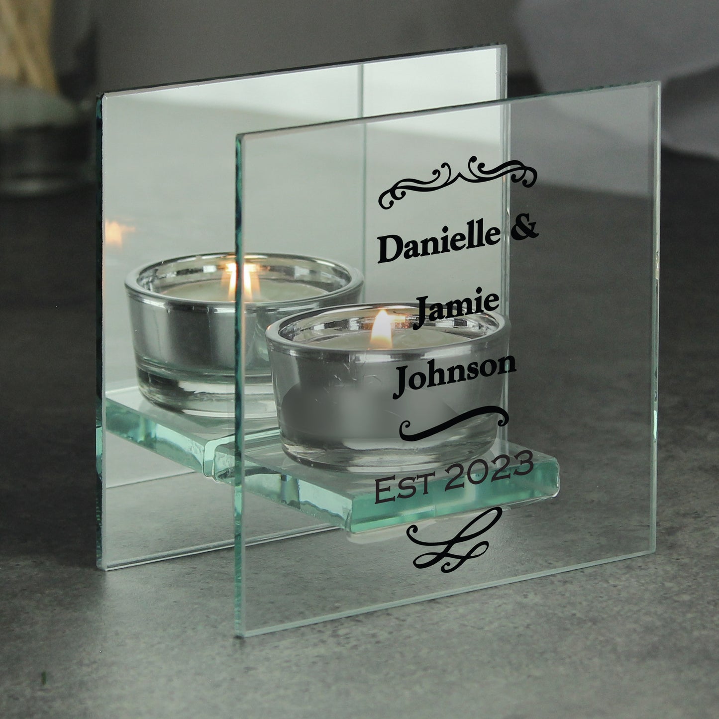 Personalised Antique Scroll Mirrored Glass Tea Light Candle Holder