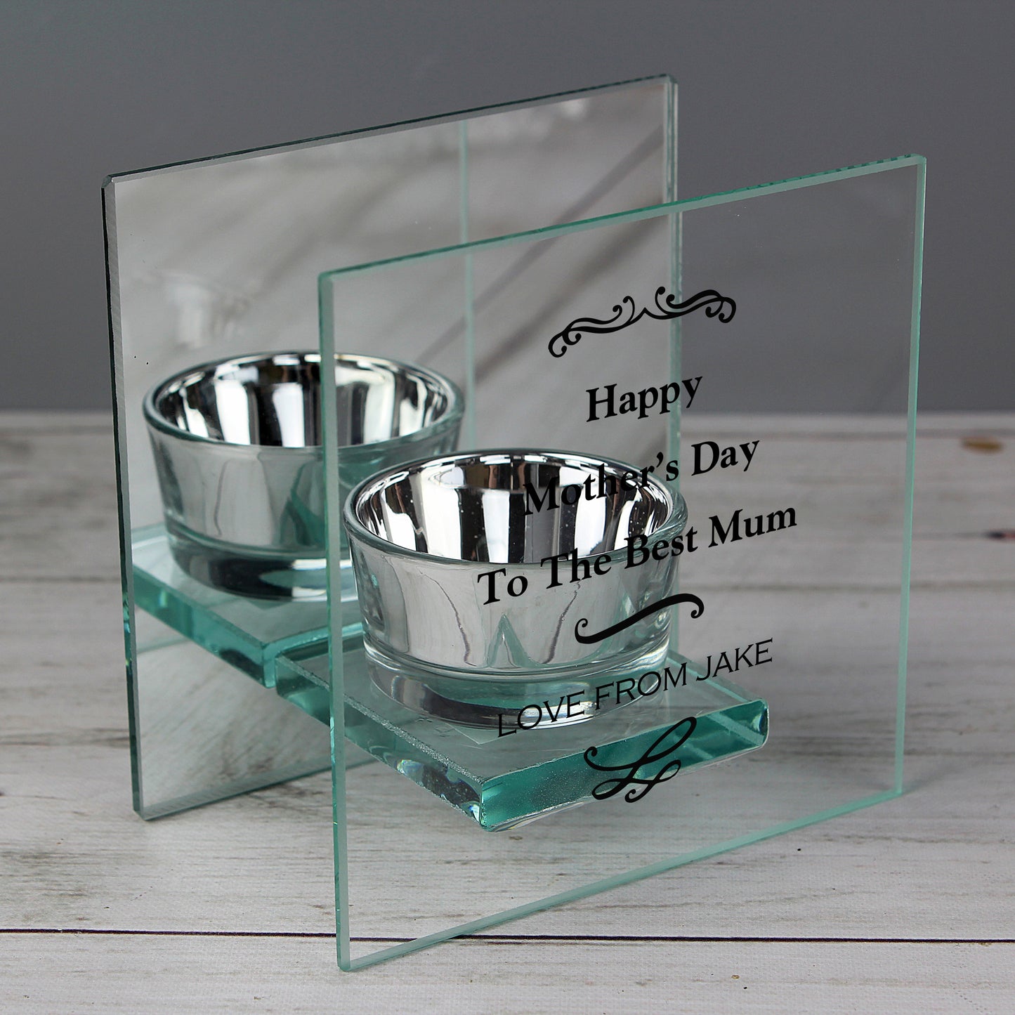 Personalised Antique Scroll Mirrored Glass Tea Light Candle Holder