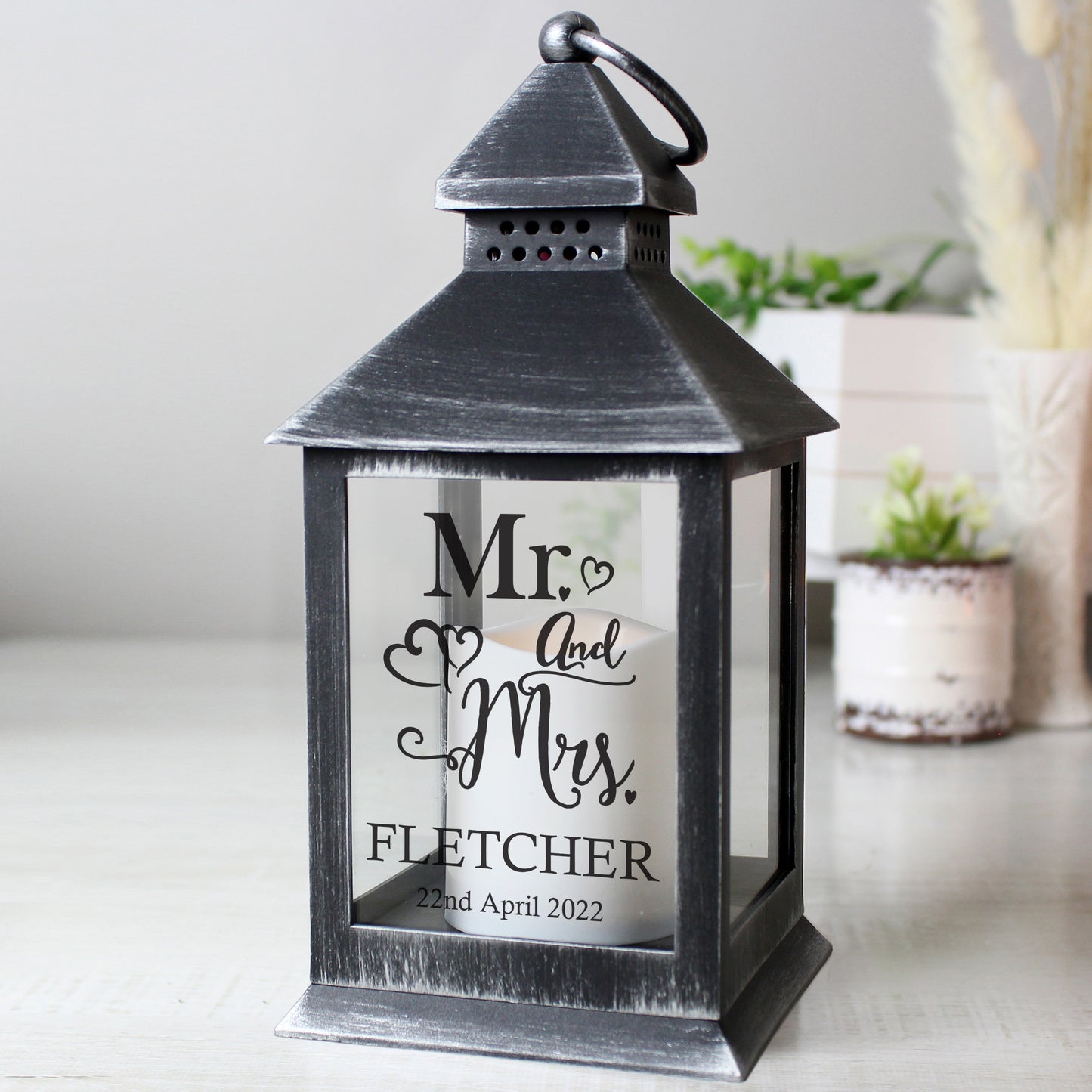 Personalised Mr and Mrs Rustic Black Lantern