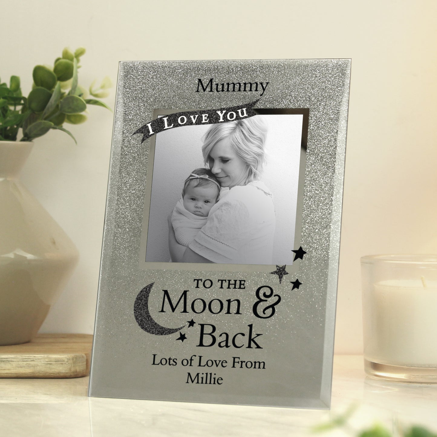 Personalised To the Moon and Back 4x4 Glitter Glass Photo Frame