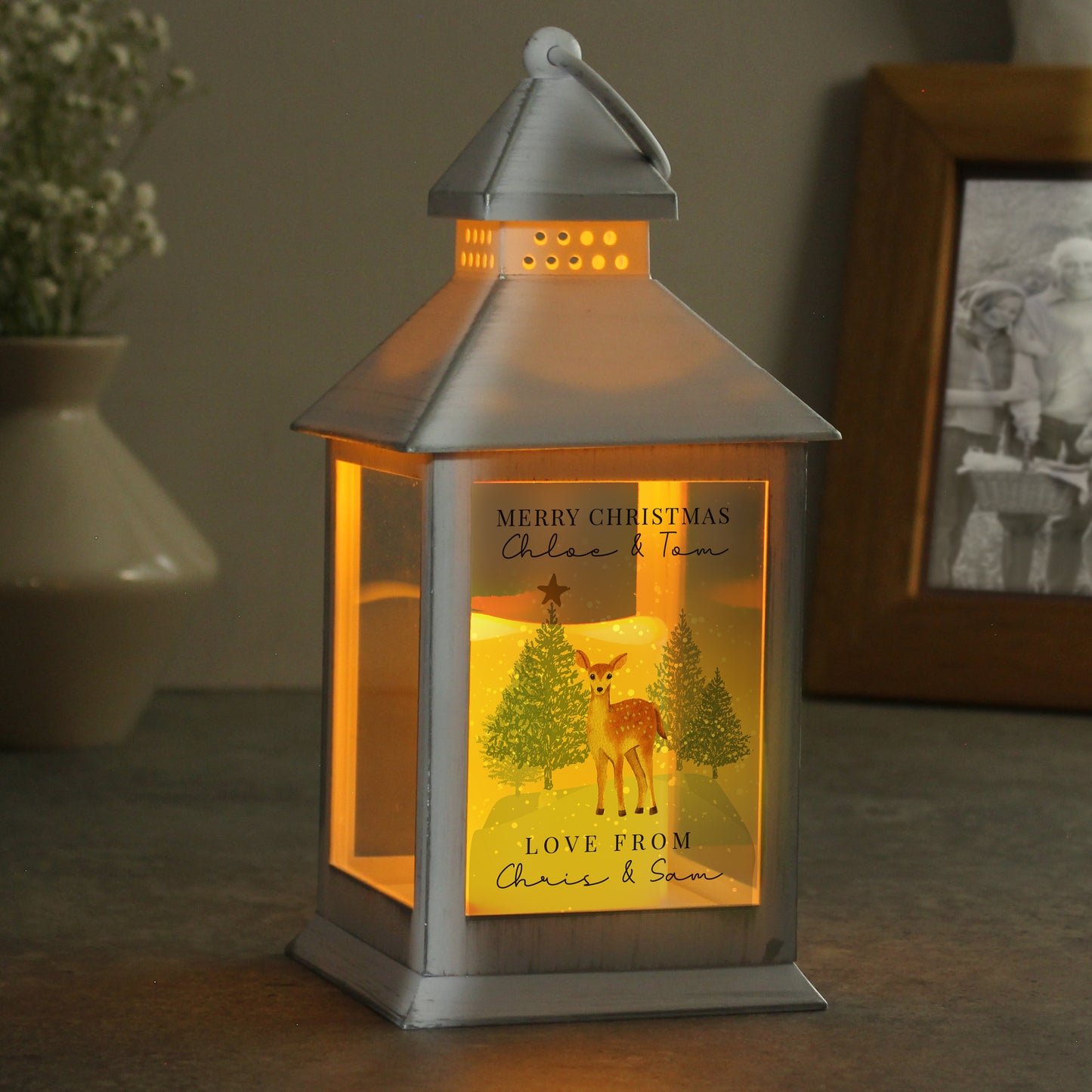 Personalised Christmas Deer White LED Lantern